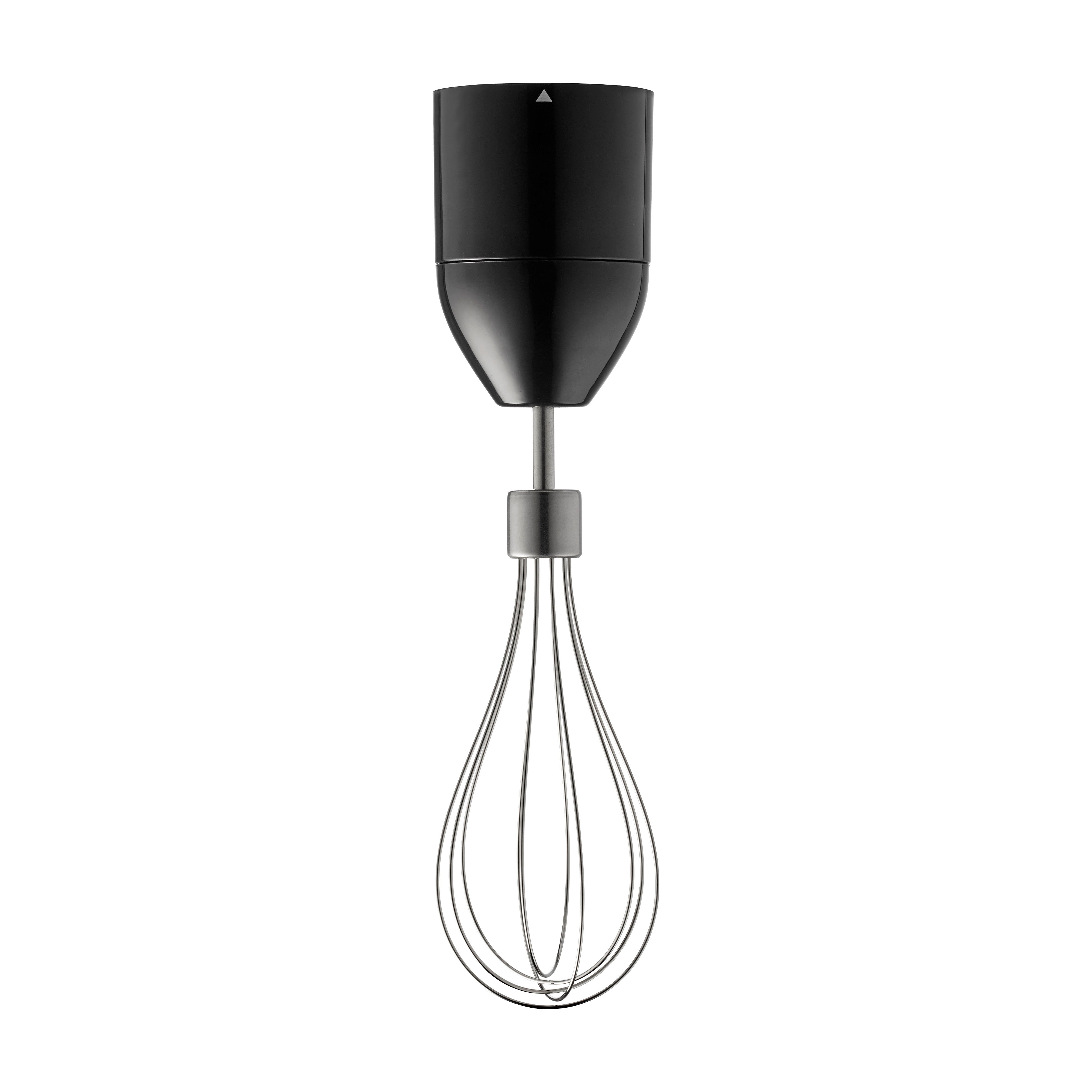 Black hand mixer with whisk attachment, on white background. Top view.