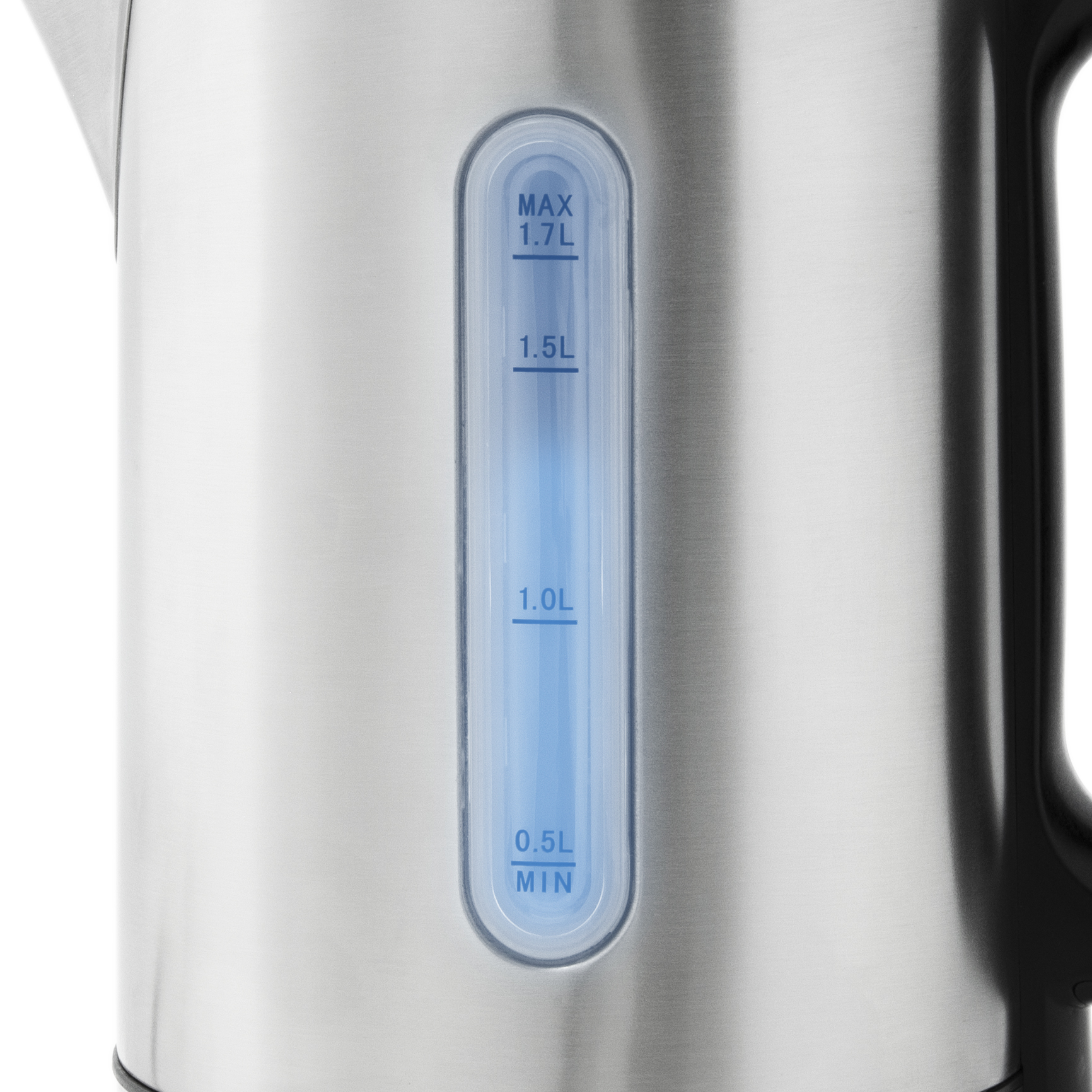 Een roestvrijstalen elektrische waterkoker met waterstanden van 0,5L tot 1,7L met blauwe verlichting.