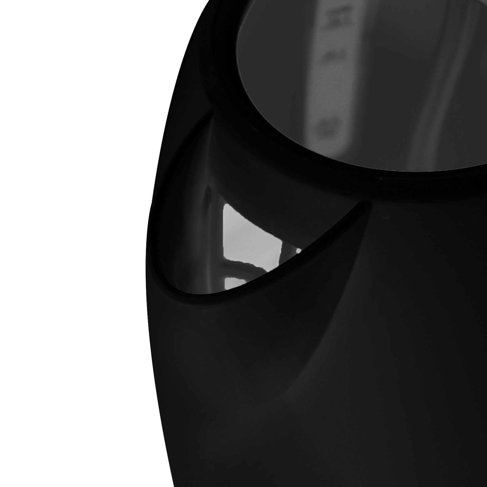 Close-up of a black kettle. Shows a part of the spout and the water level indicator.