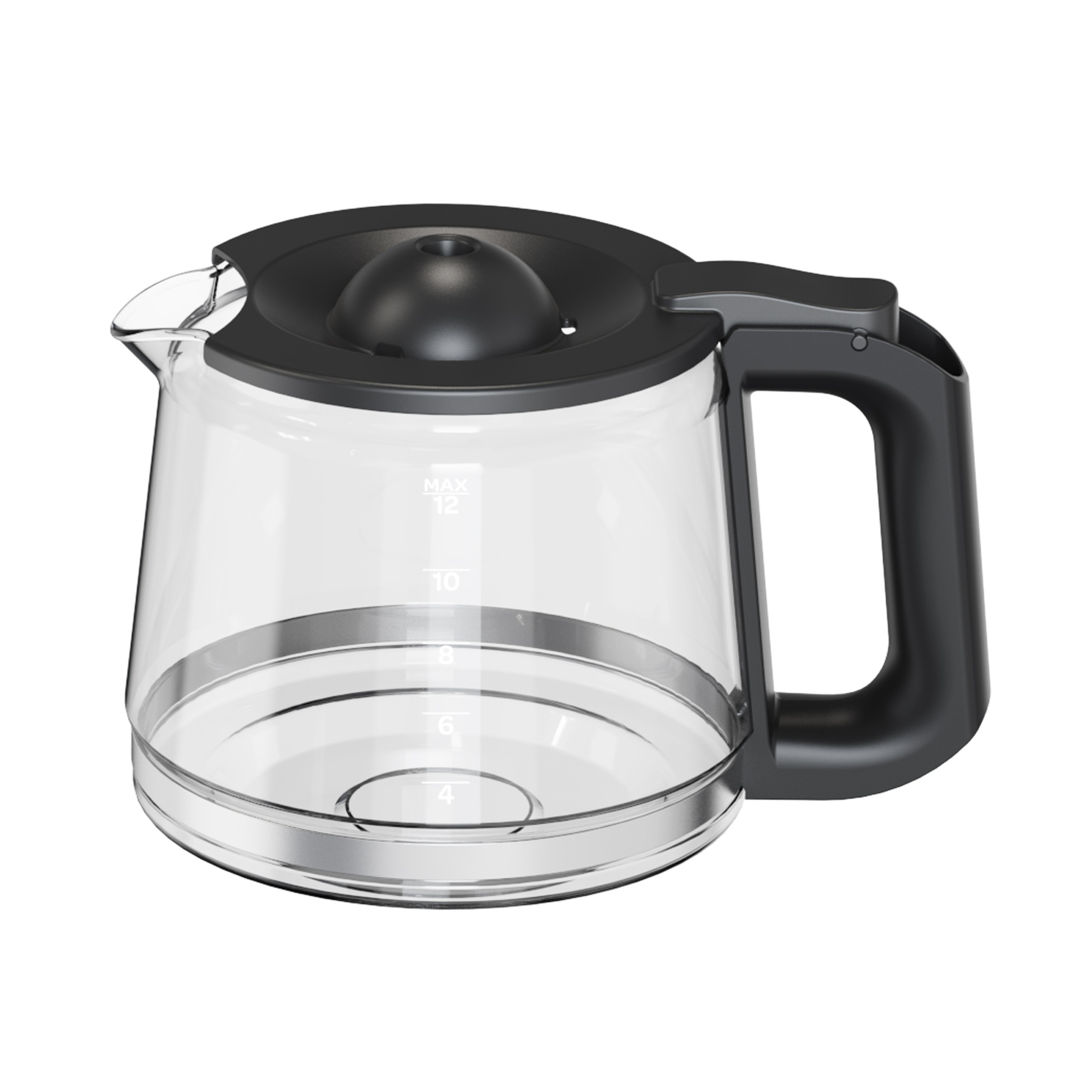 Glazen koffiekan met een zwart deksel en handvat, met een schaalverdeling, tegen een witte achtergrond.