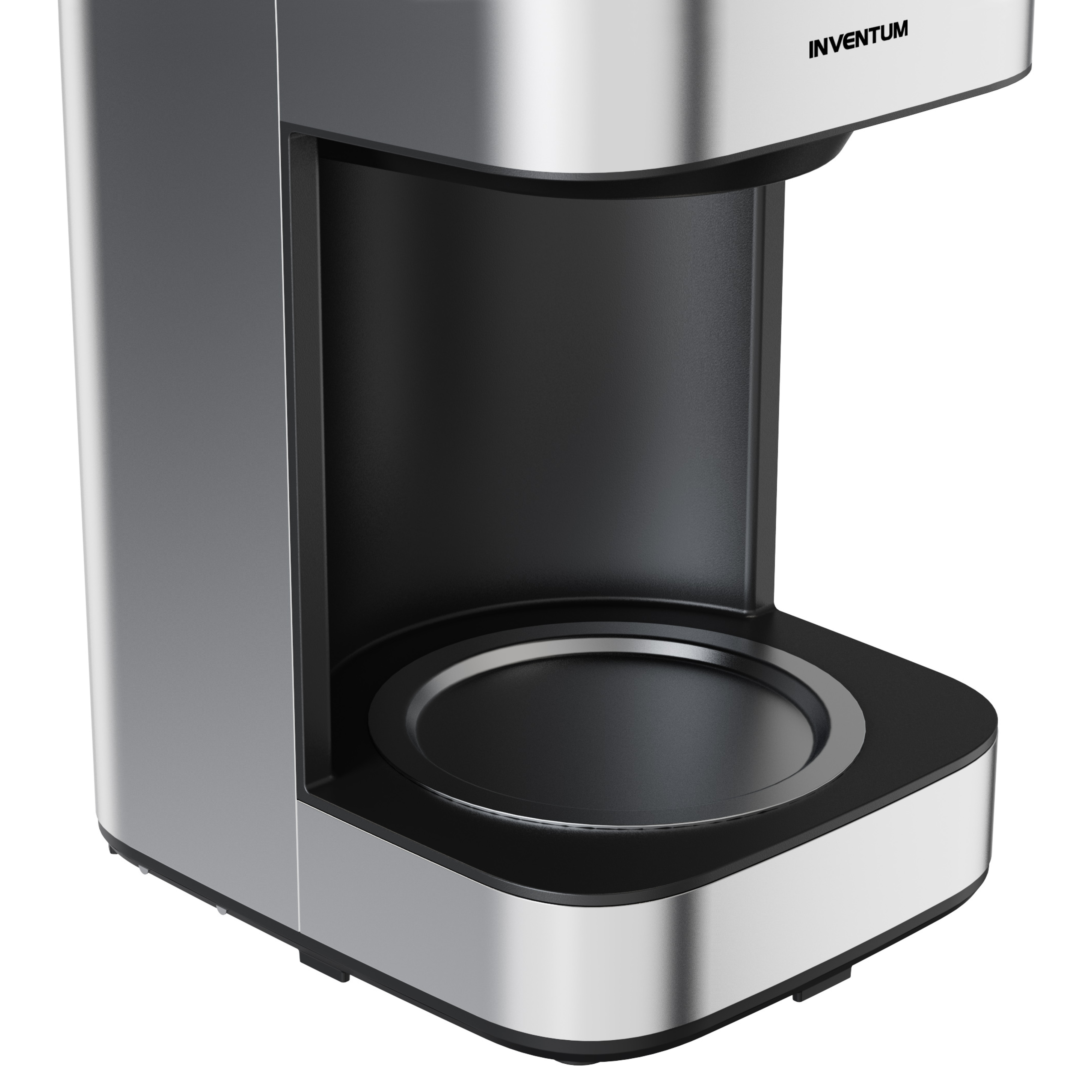 Zilverkleurig koffiezetapparaat met zwarte details, op witte achtergrond.