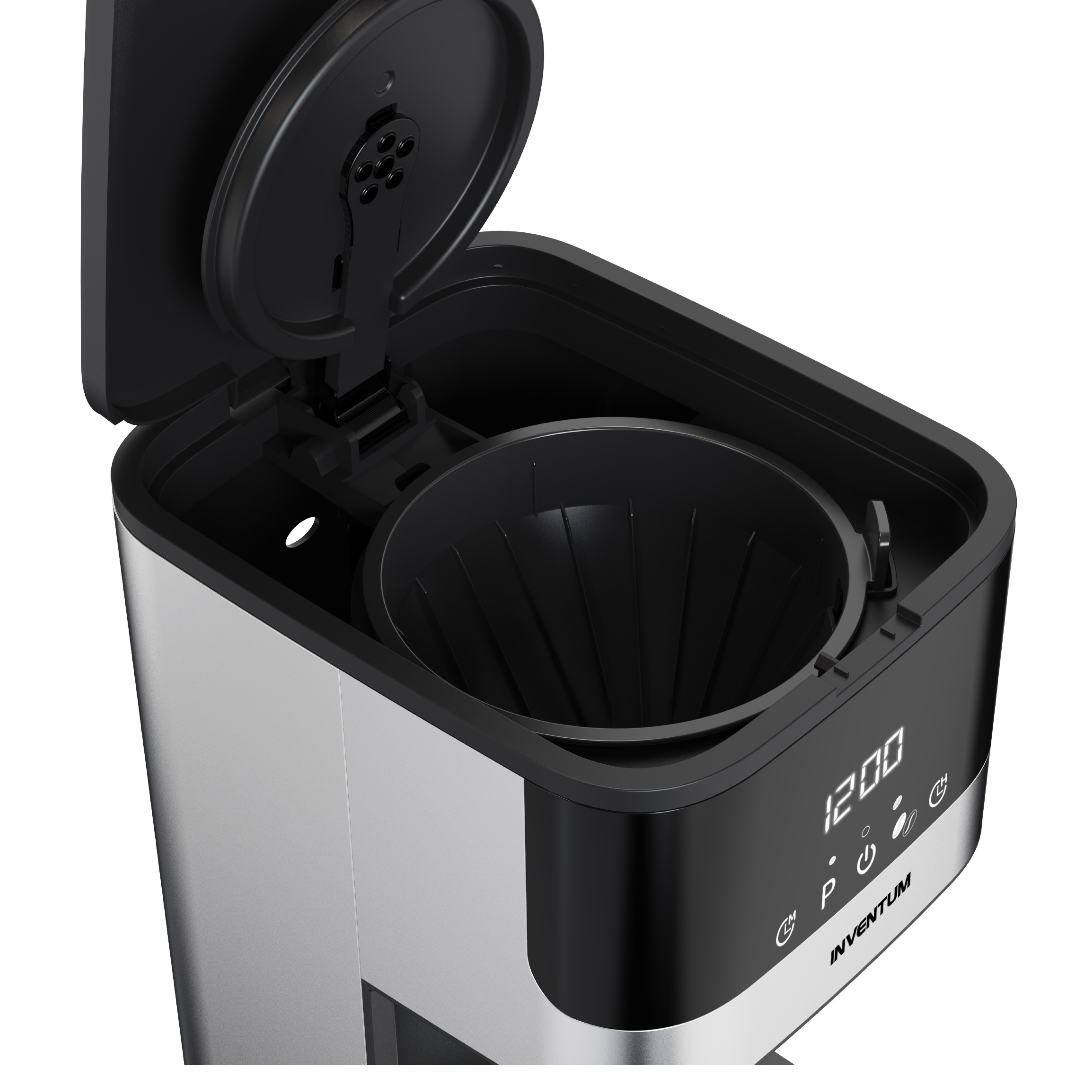 Koffiezetapparaat met open deksel, filtermand en LCD-scherm.