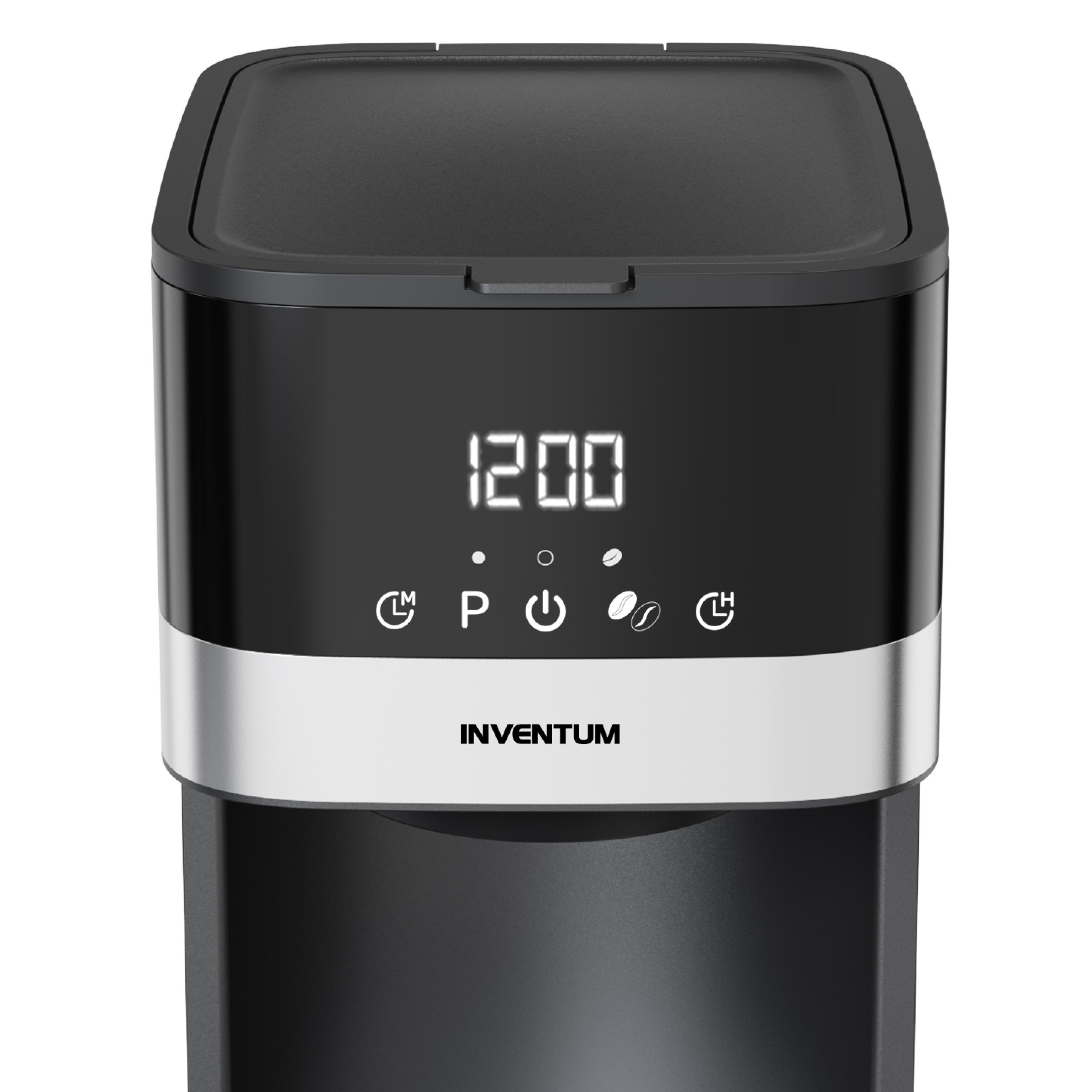 Zwart koffiezetapparaat. Digitaal display toont 12:00. Zilveren rand.