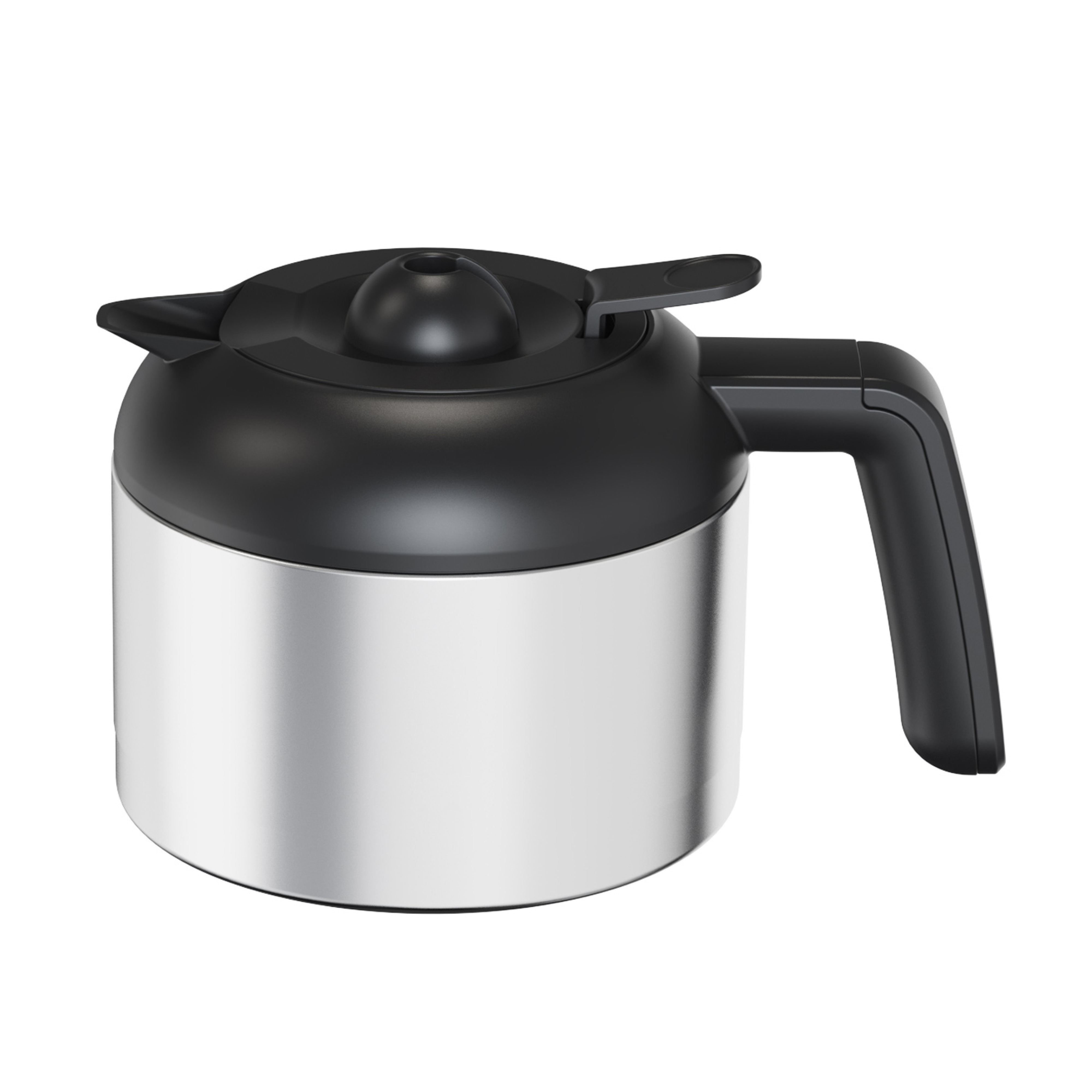 Roestvrijstalen koffiepot met een zwart deksel en handvat.