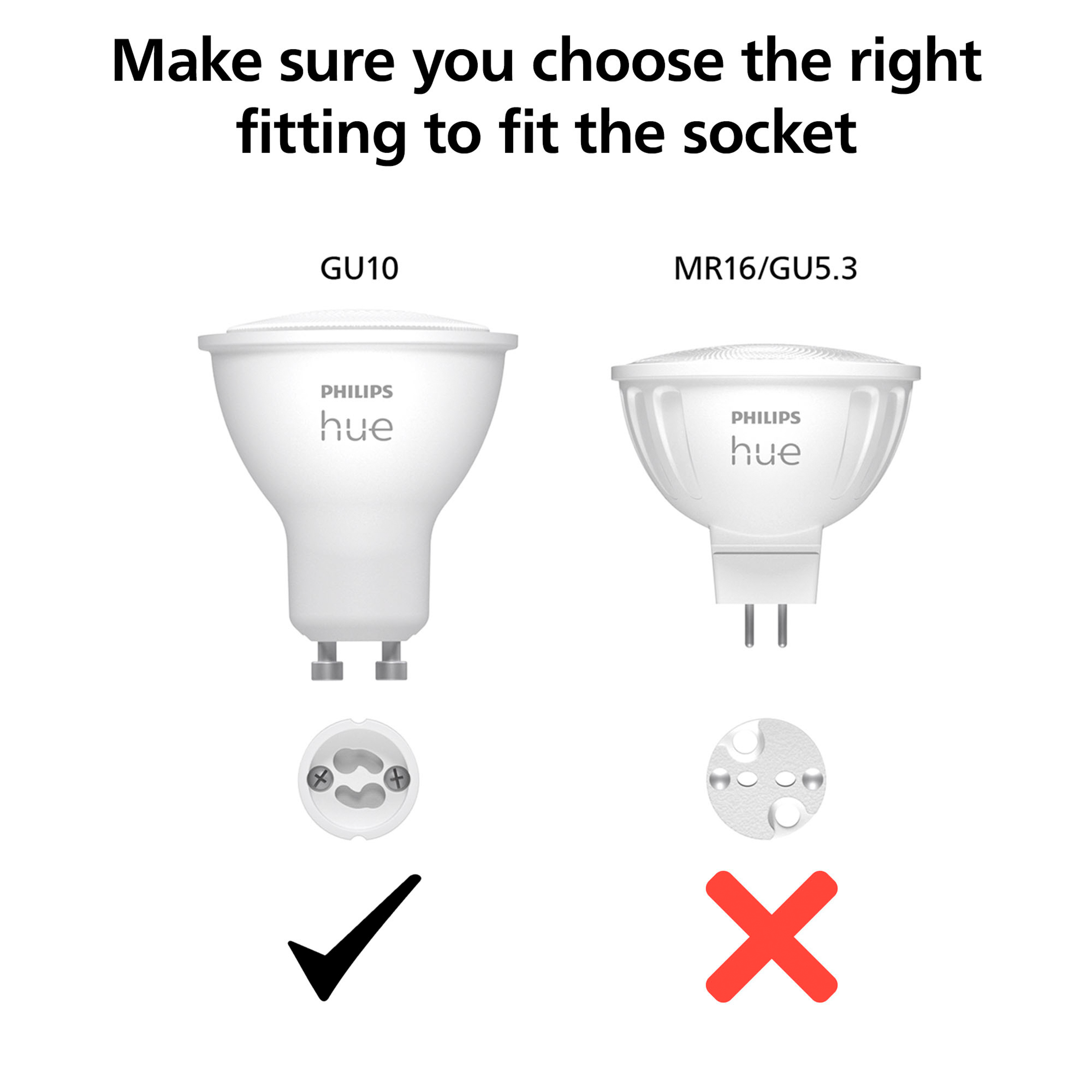 Dwie białe żarówki Philips Hue, jedna z prawidłowym mocowaniem.