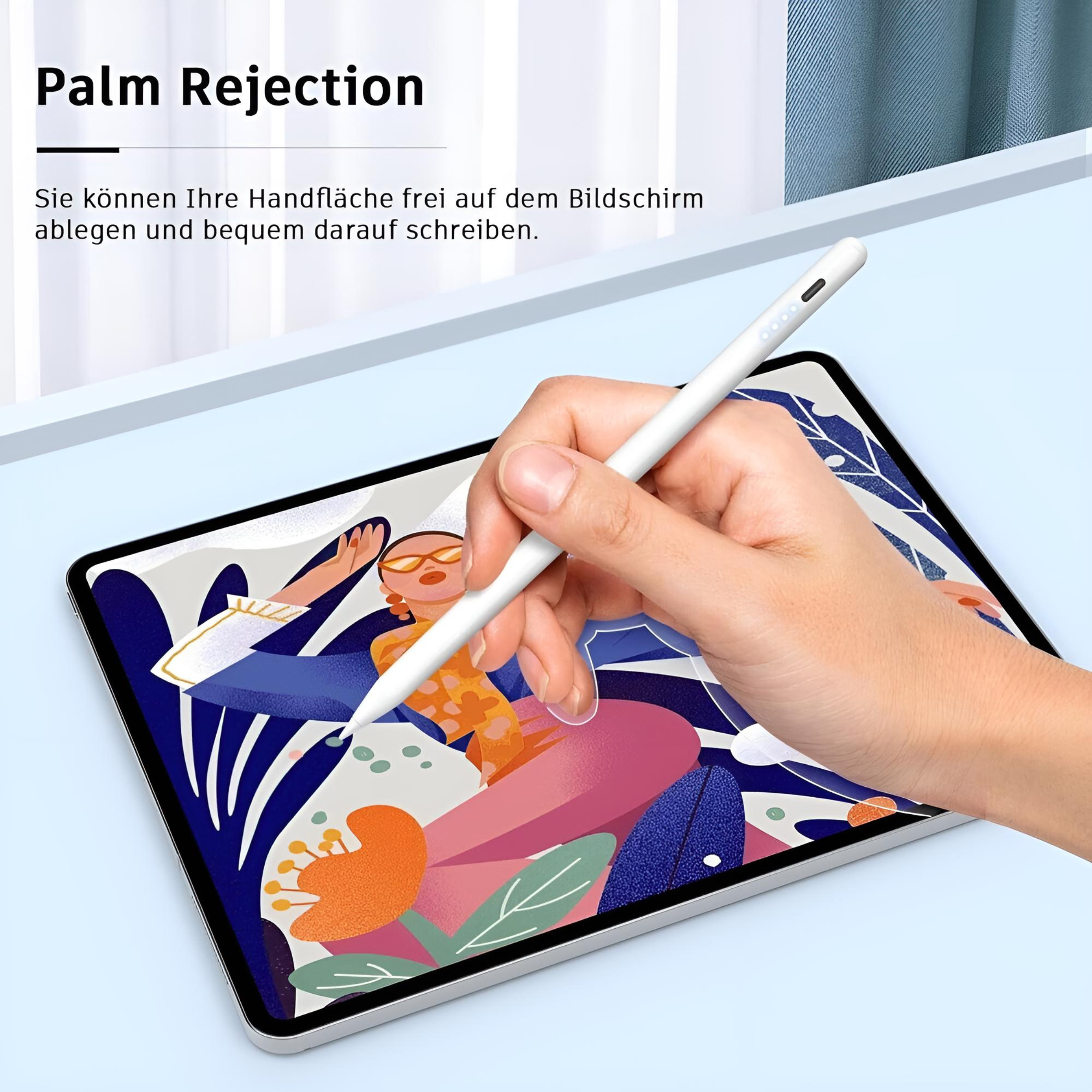 Ein weißer Stift auf einem Tablet-Bildschirm. Text: 'Palm Rejection'. Die Hand ruht auf dem Bildschirm.