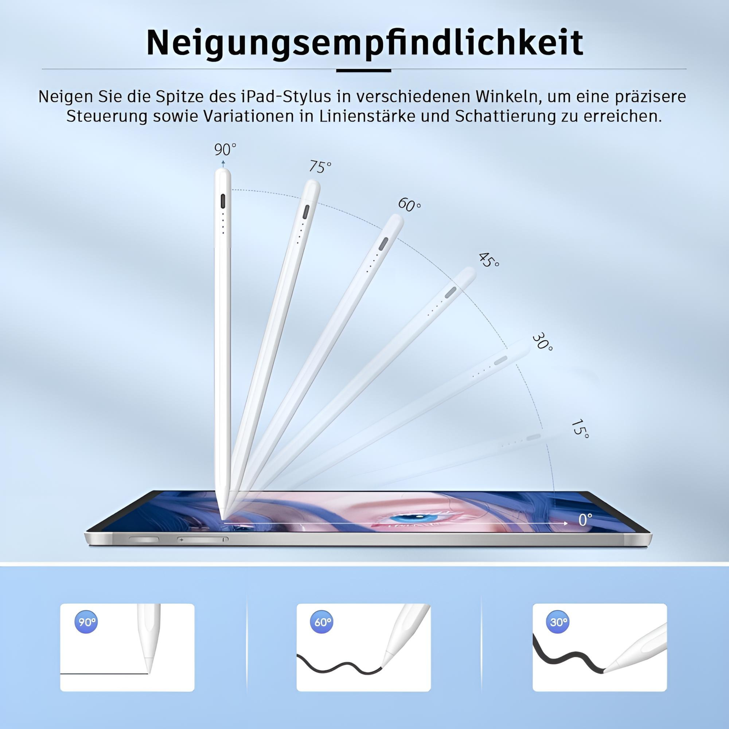 Eingabestift in verschiedenen Winkeln auf Tablet-Bildschirm, Linienstärke und Schattierung.