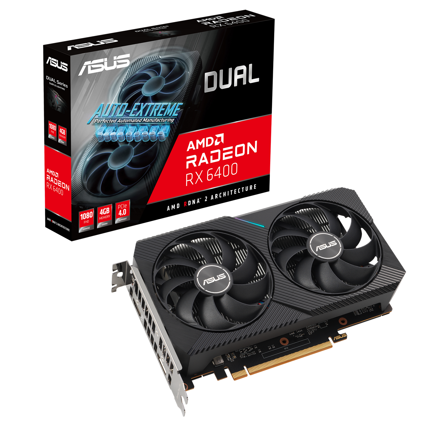 Scheda grafica e scatola. La scatola dice ASUS. La scheda ha due ventole e AMD RADEON.