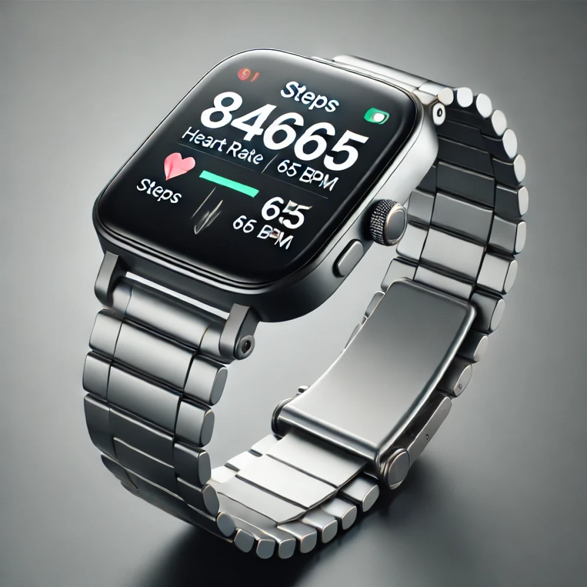 Silberne Smartwatch mit digitaler Anzeige, die Schritte, Herzfrequenz und Zeit anzeigt.