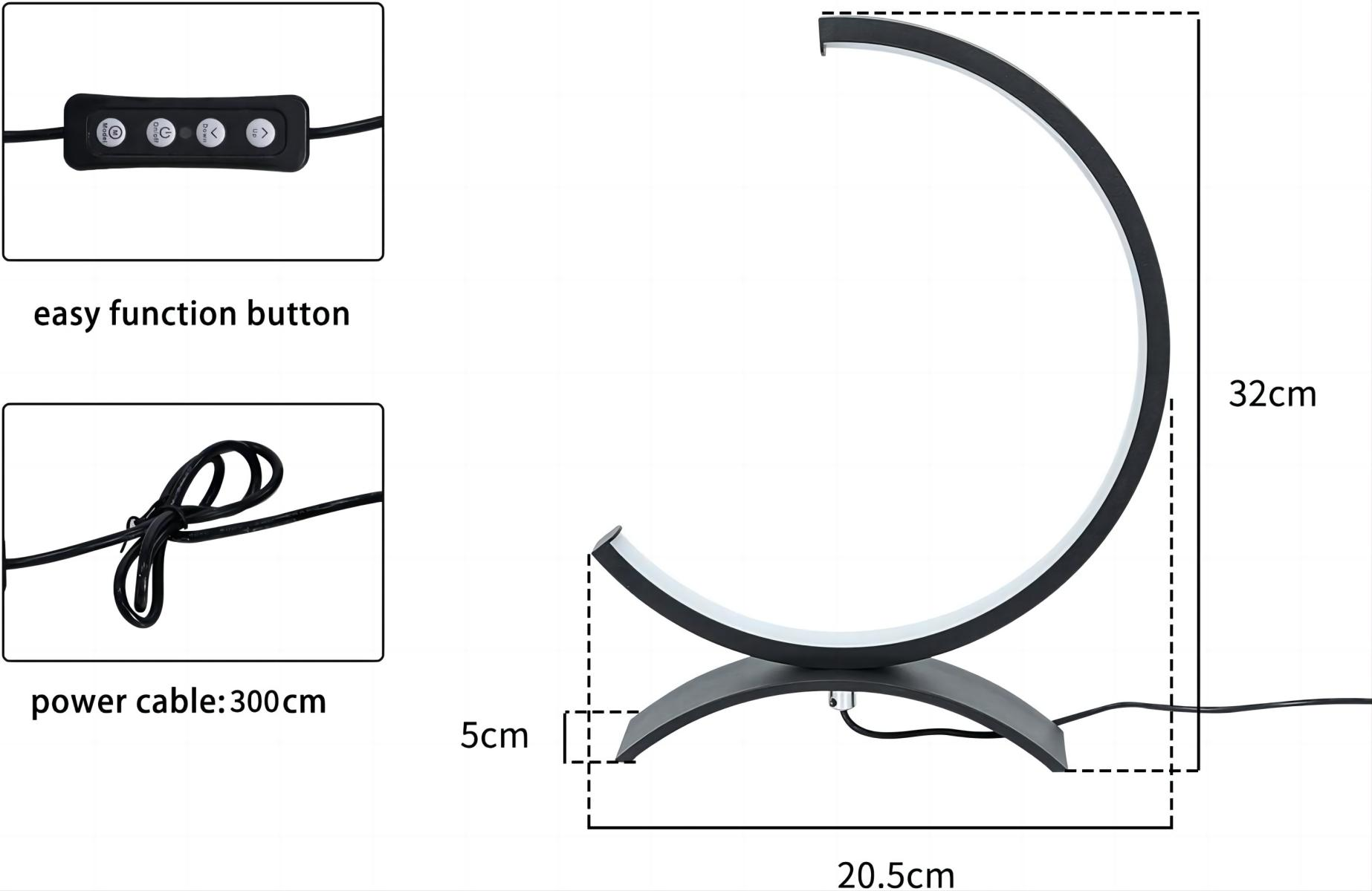 Czarna lampa w kształcie litery C z wymiarami i przyciskami sterowania.