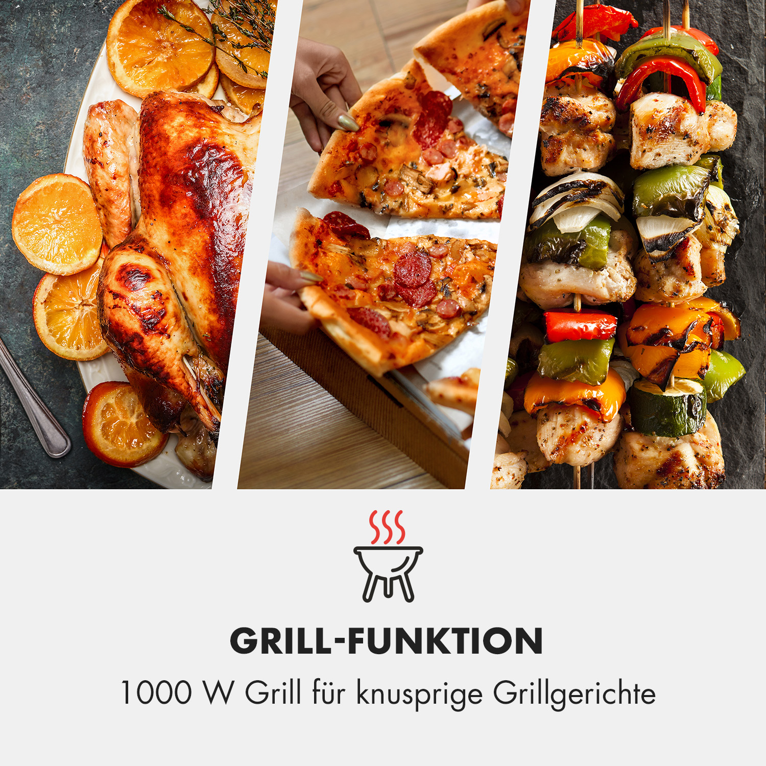 Eine Collage von gegrilltem Essen: Huhn, Pizzastücke und Spieße mit Gemüse und Fleisch auf schwarzem Grund.