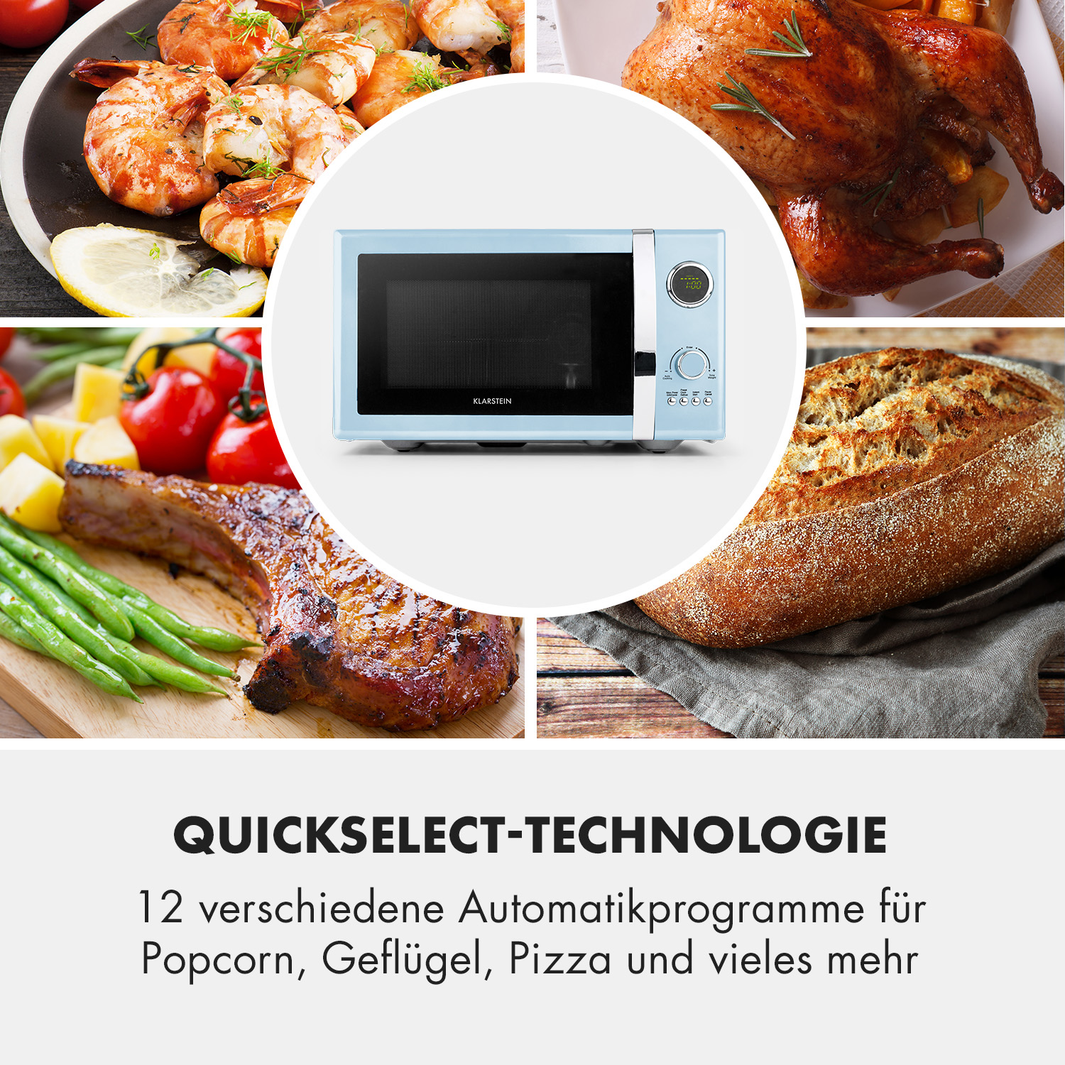 Eine blaue Mikrowelle ist von Bildern von gekochten Speisen umgeben. Der Text lautet 'QUICKSELECT-TECHNOLOGIE'.