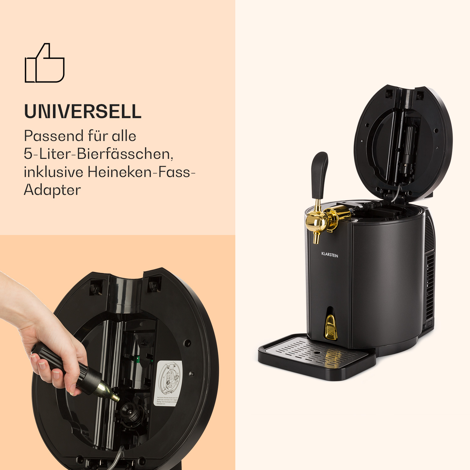 Eine schwarze Bierzapfanlage, mit einer Hand, die ein Werkzeug hält, auf hellbeigem Hintergrund.