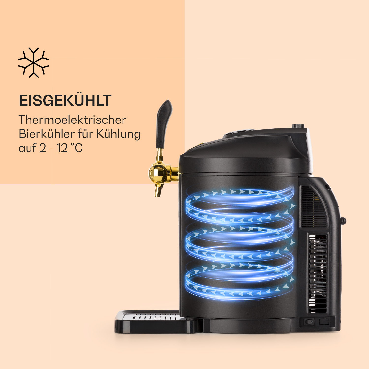 Schwarzer Bierkühler mit Zapfhahn und blauer Kühlungseffekt-Illustration.