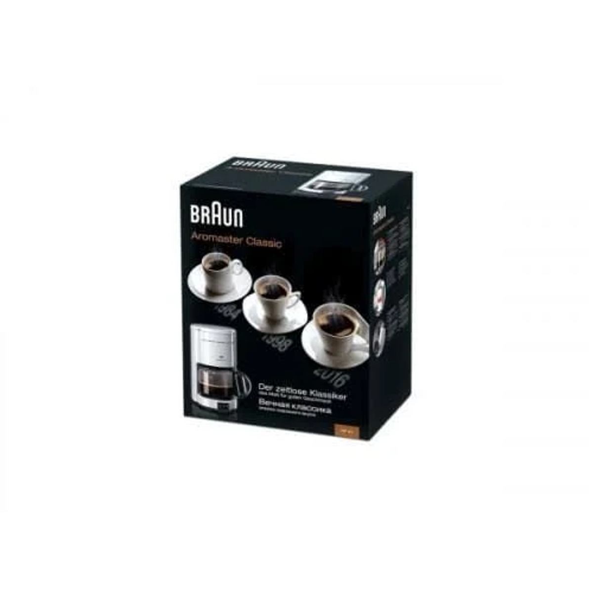 Czarne pudełko z filiżankami do kawy na froncie. Pudełko przeznaczone jest do ekspresu do kawy Braun Aromaster Classic. Tło jest białe.