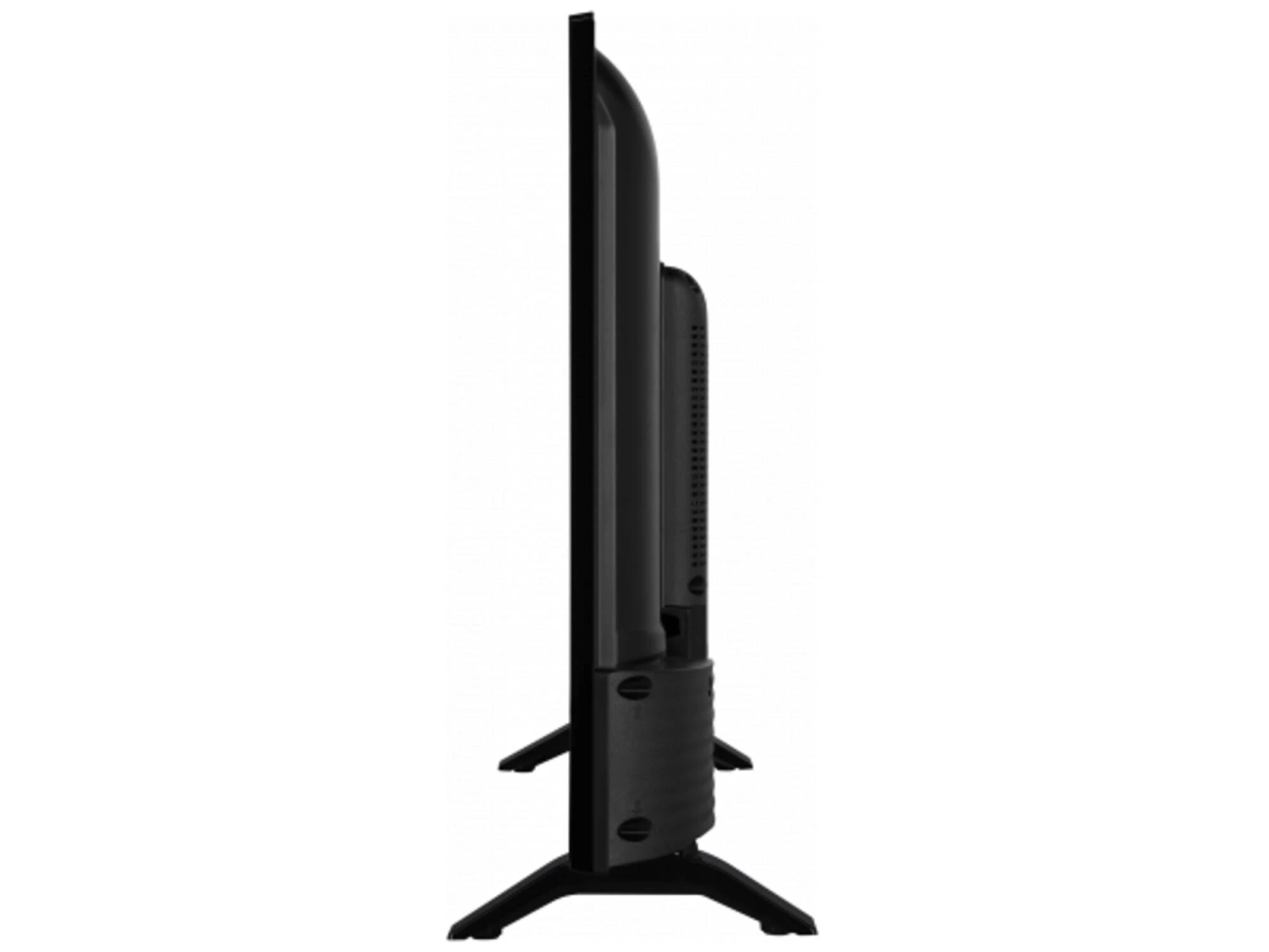 Una vista laterale di una TV a schermo piatto nero su un supporto, su sfondo bianco.