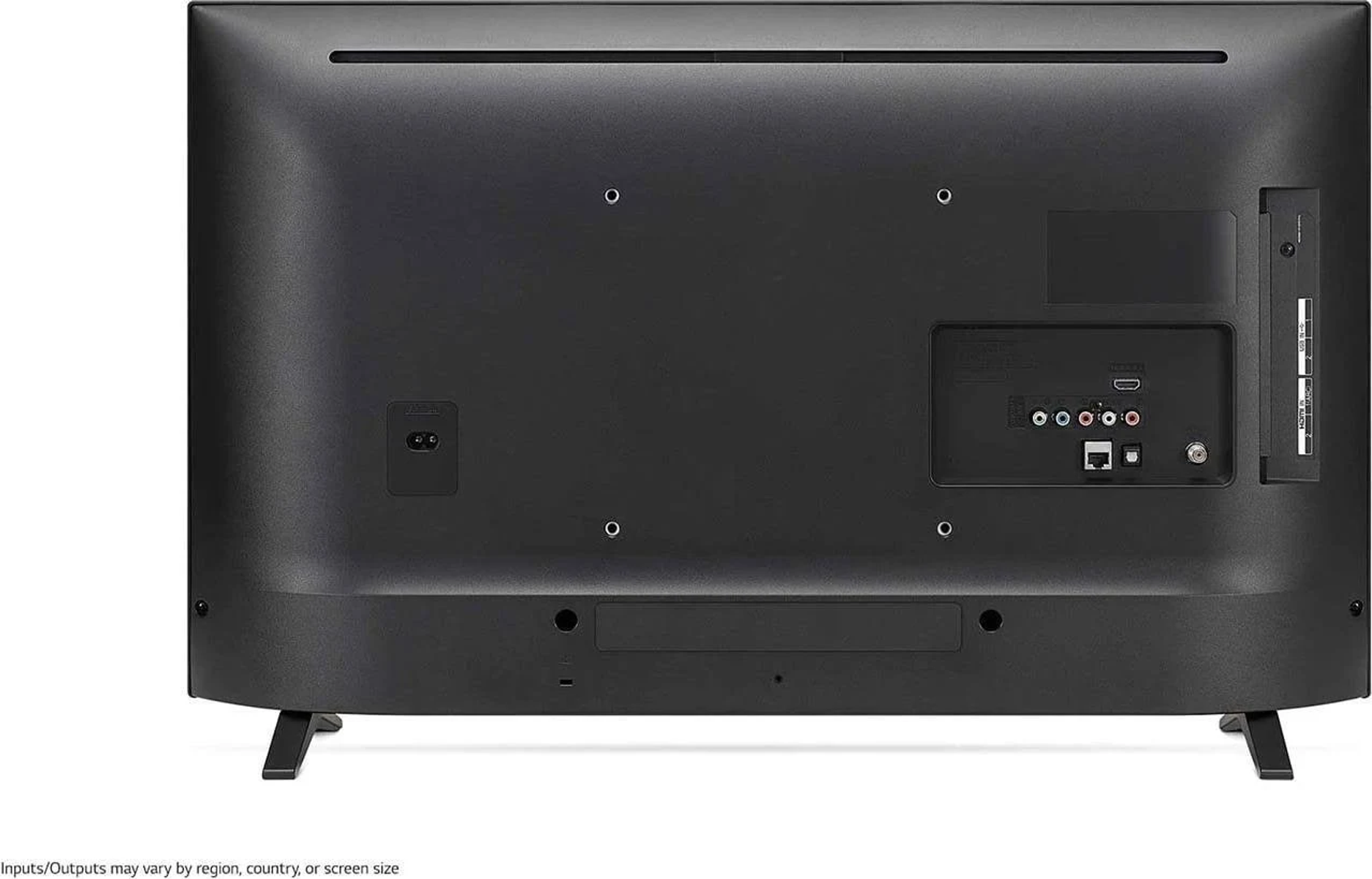 Tył czarnego telewizora z portami i podstawką. Posiada wiele wejść/wyjść, w tym HDMI i USB.