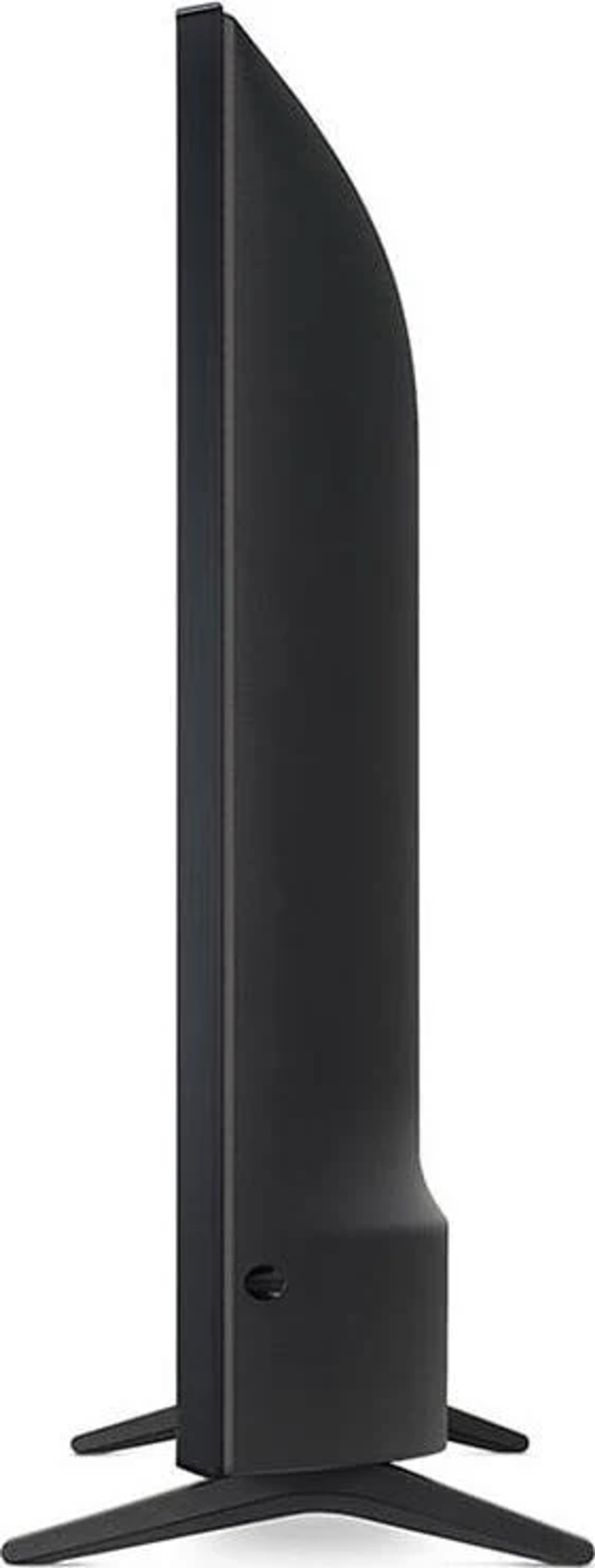 Widok z profilu czarnego telewizora na stojaku z trzema nogami.