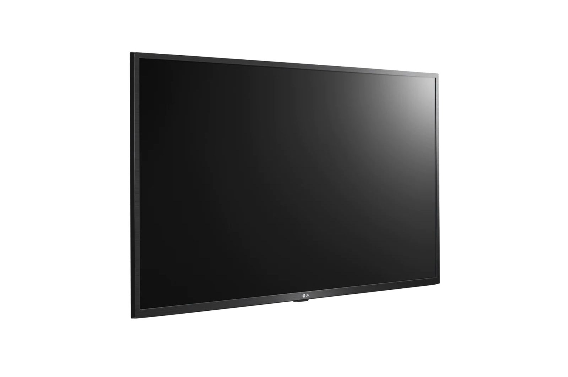 Czarny telewizor z płaskim ekranem na białym tle, lekko pochylony.