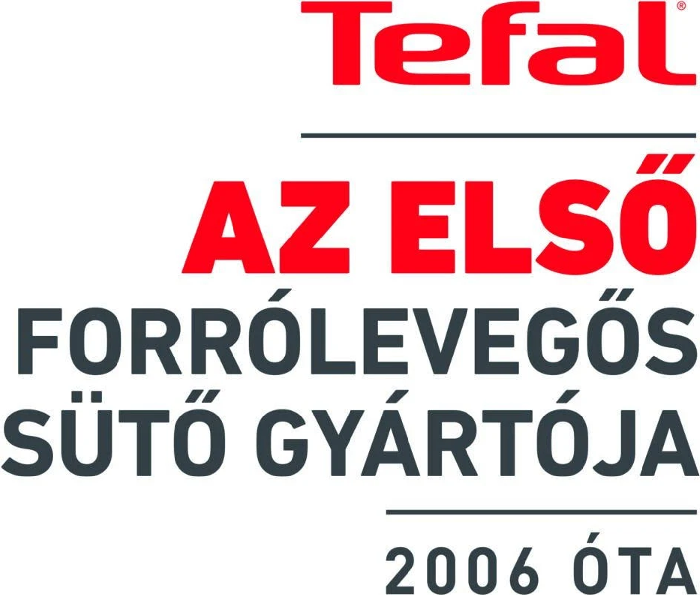 Texto que dice 'Tefal'. Debajo: 'AZ ELSŐ FORRÓLEVEGŐS SÜTŐ GYÁRTÓJA 2006 ÓTA'.