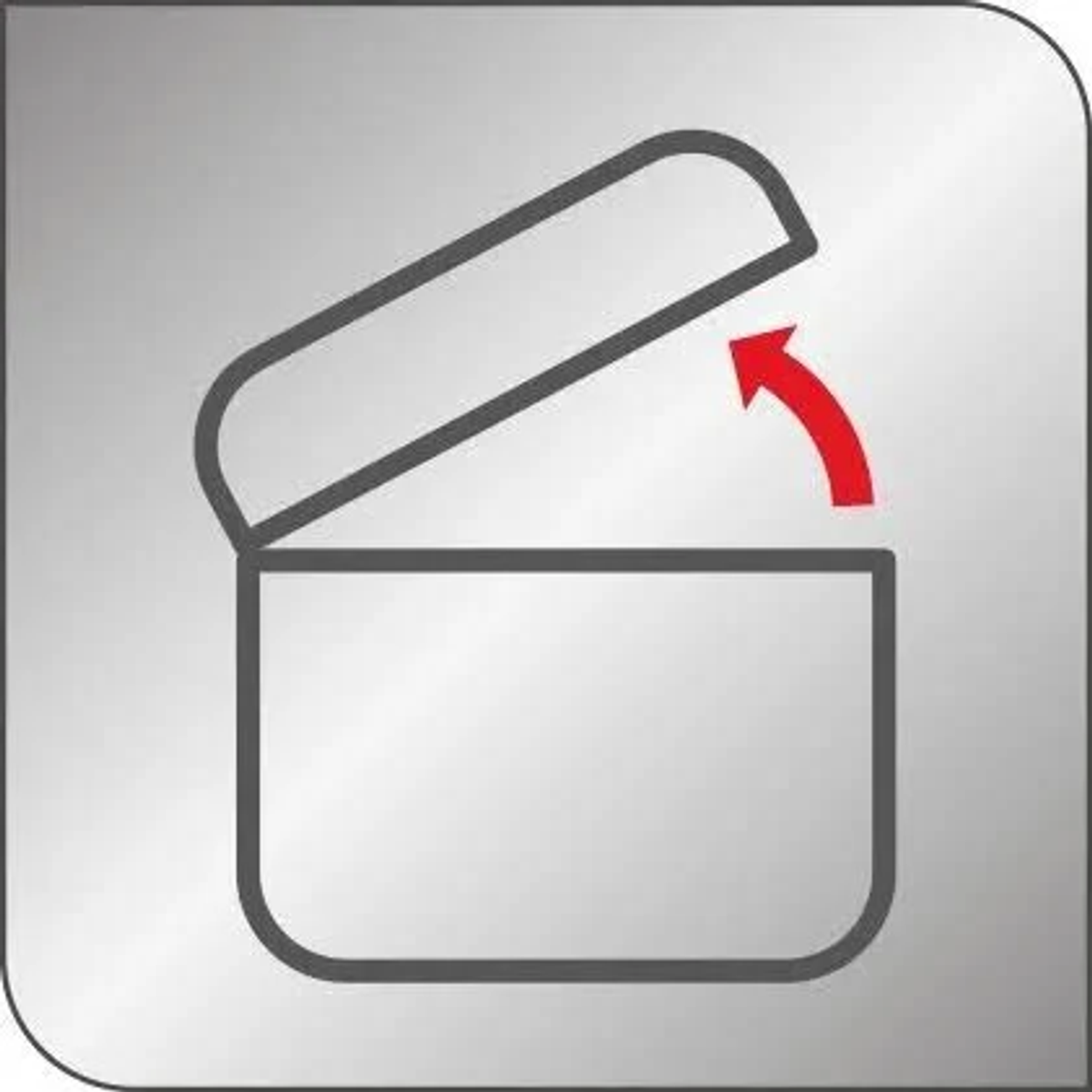 Icono de caja abierta con flecha indicando apertura. Fondo gris.