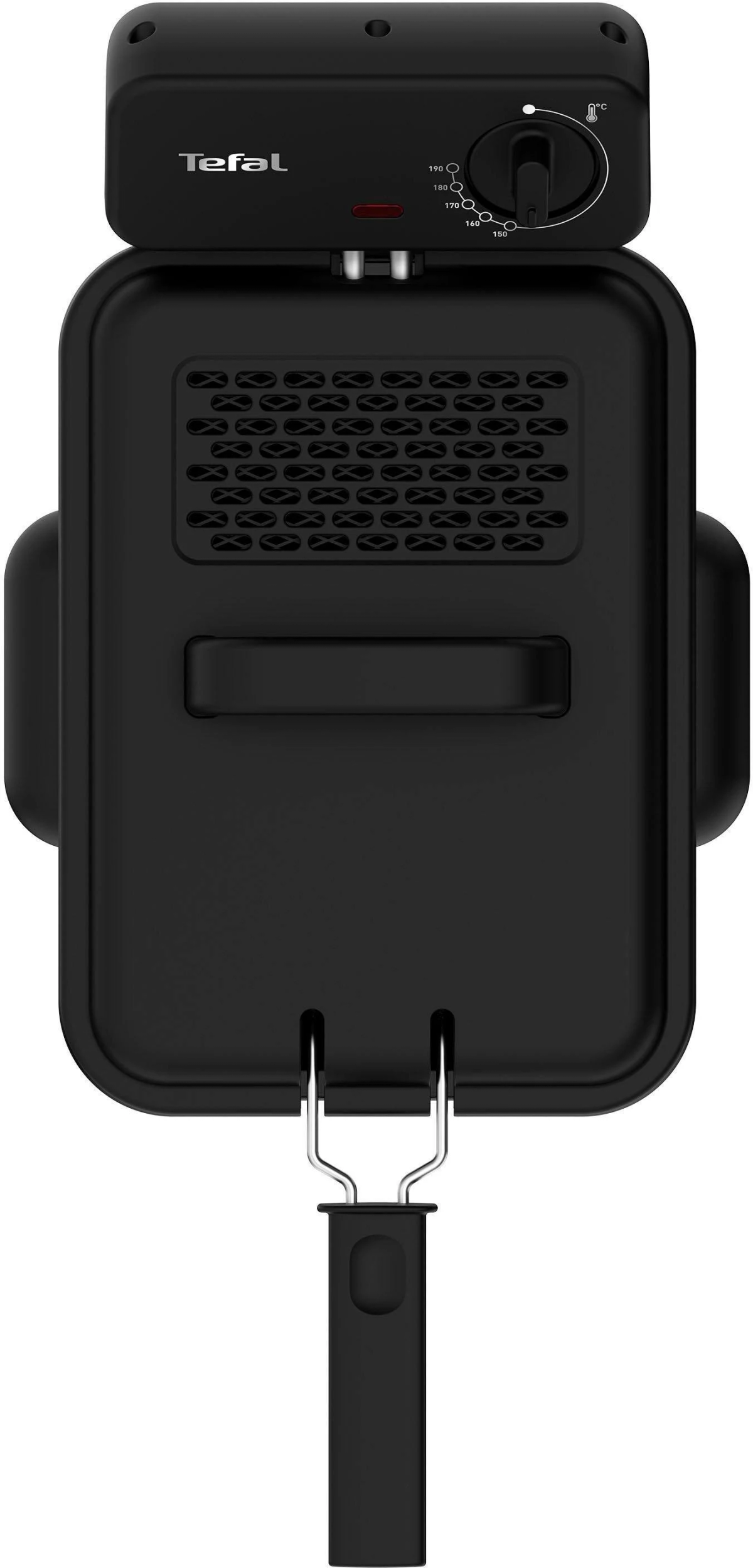 Widok z góry czarnej frytkownicy z pokrętłem temperatury i uchwytem. Widoczny tylny otwór wentylacyjny.