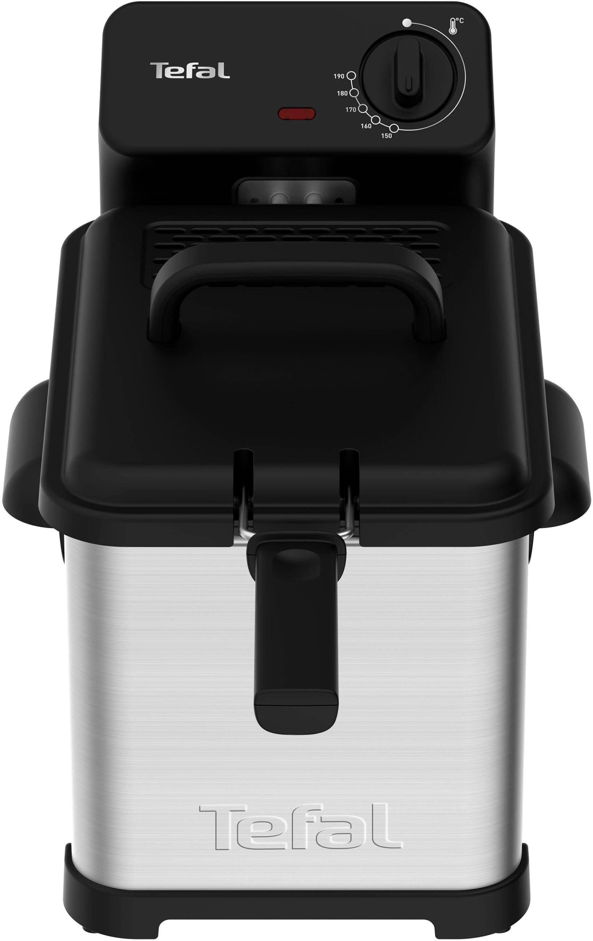 Frytownica elektryczna Tefal z czarną pokrywą i uchwytem, na czarnej podstawie. Korpus ze stali nierdzewnej.