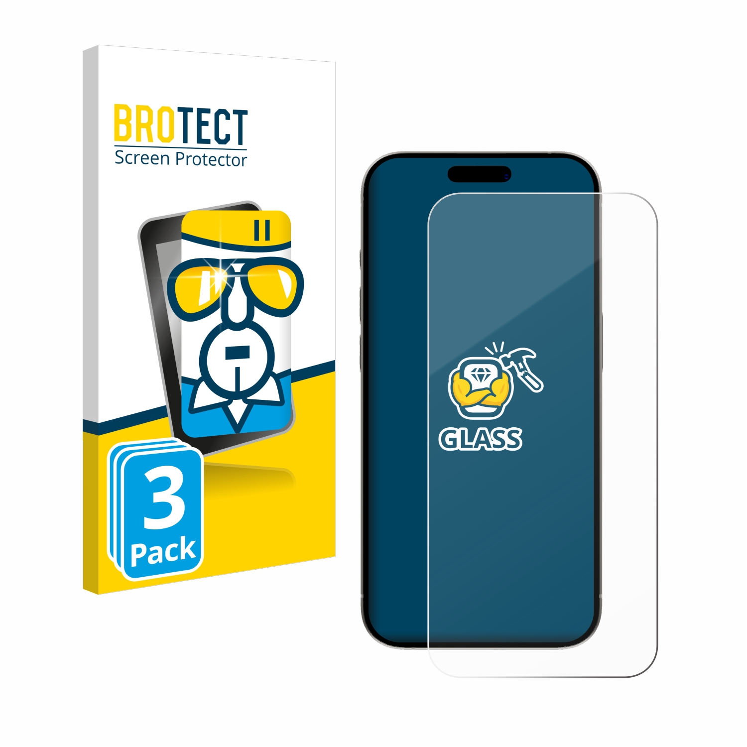 Eine Bildschirmschutzbox und ein Bildschirmschutz auf einem Telefon. Auf der Box steht 'BROTECT'.