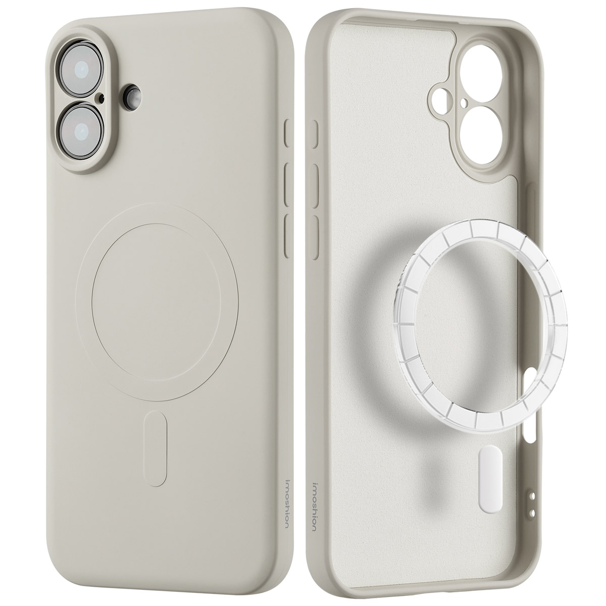 Deux coques de téléphone grises, avec ouvertures pour les objectifs de l'appareil photo et un anneau transparent.