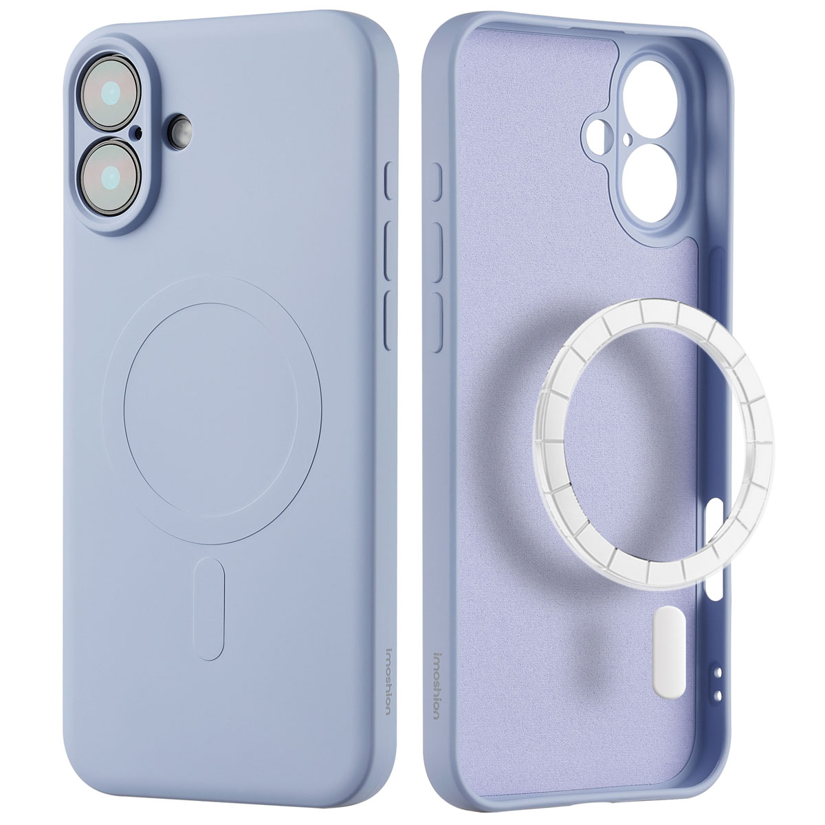 Deux coques de téléphone bleu clair, une avec un cercle MagSafe, l'autre ouverte.