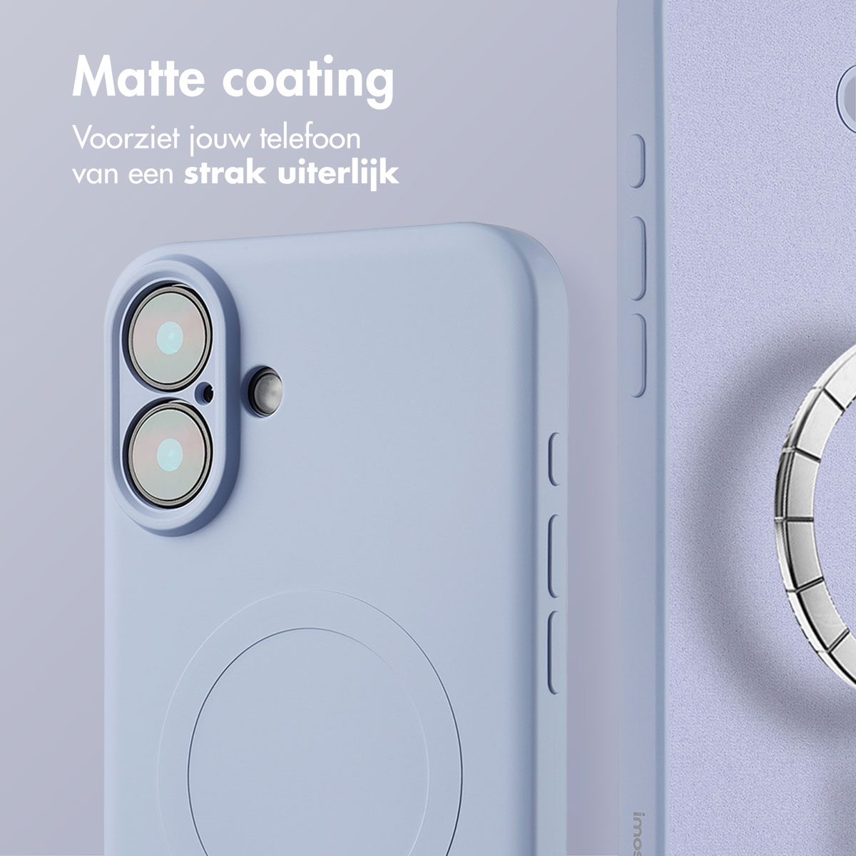 Gros plan d'une coque de téléphone bleu clair avec deux découpes pour appareil photo et un support d'anneau à l'arrière.