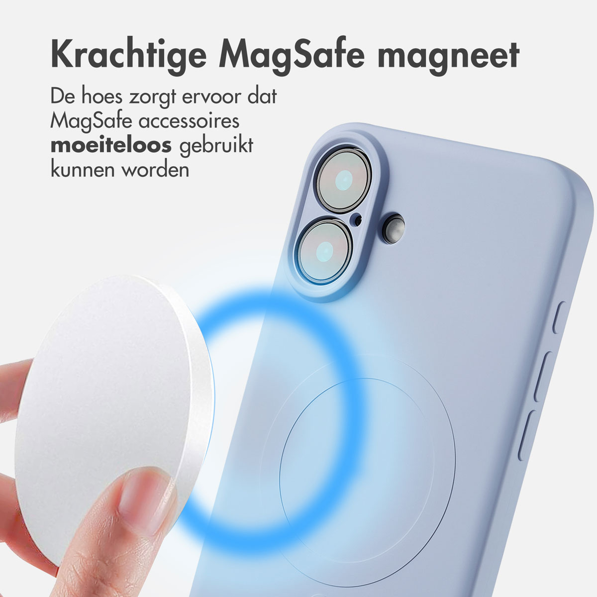 Une main tenant un téléphone près d'un chargeur sans fil. Le chargeur est bleu avec un indicateur.