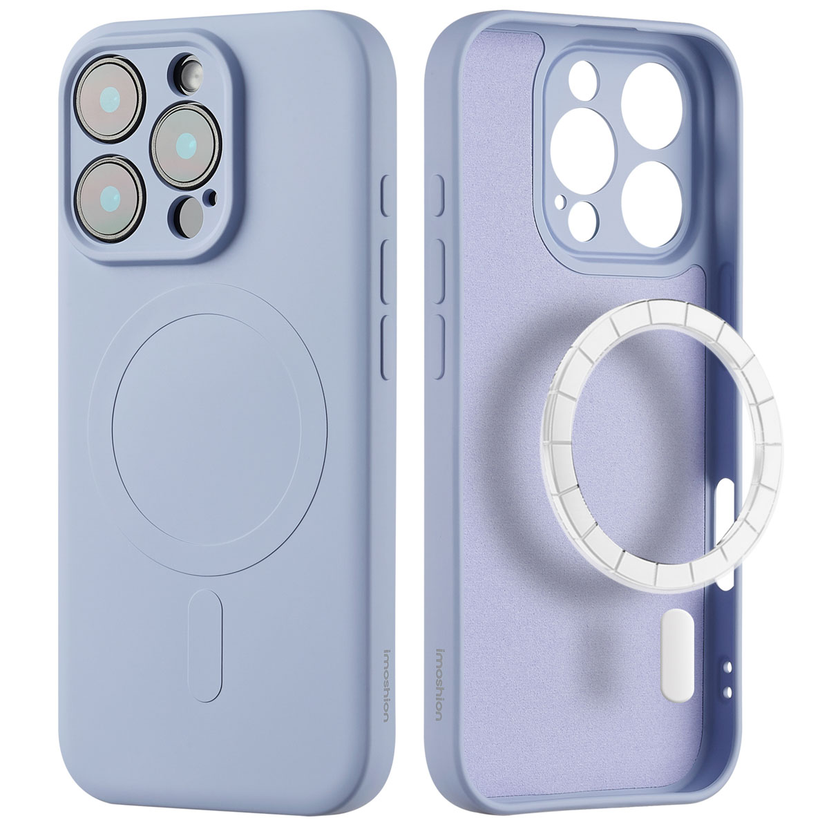 Blauwe telefoonhoes met twee kanten. Eén met camera-uitsparingen, één met cirkel.