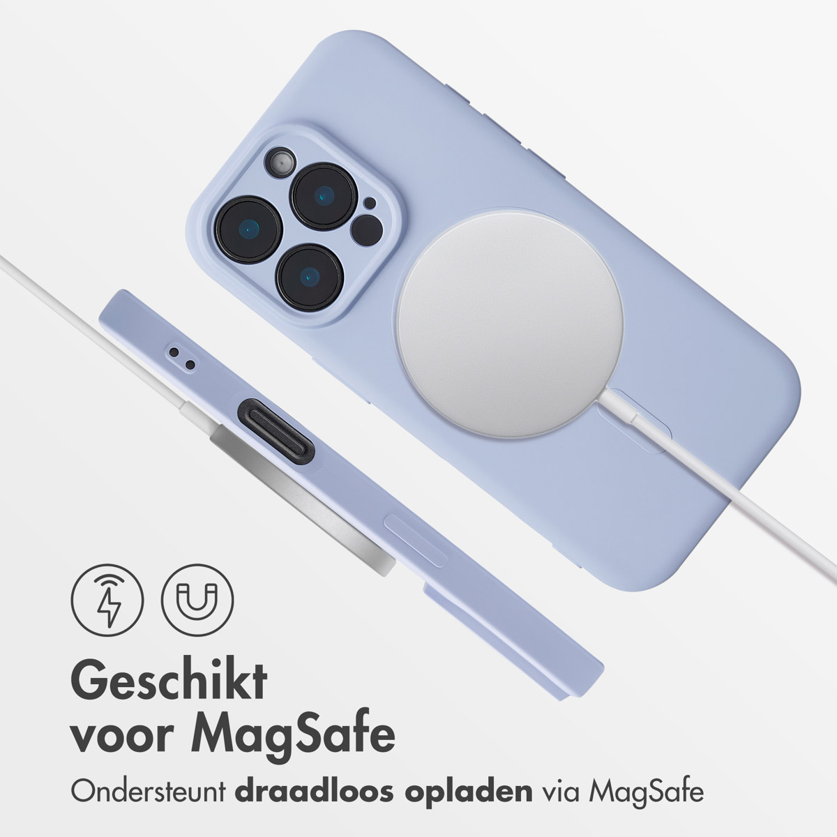 Een telefoon met een hoesje en een MagSafe-lader. Tekst: Geschikt voor MagSafe. Ondersteunt draadloos opladen via MagSafe.