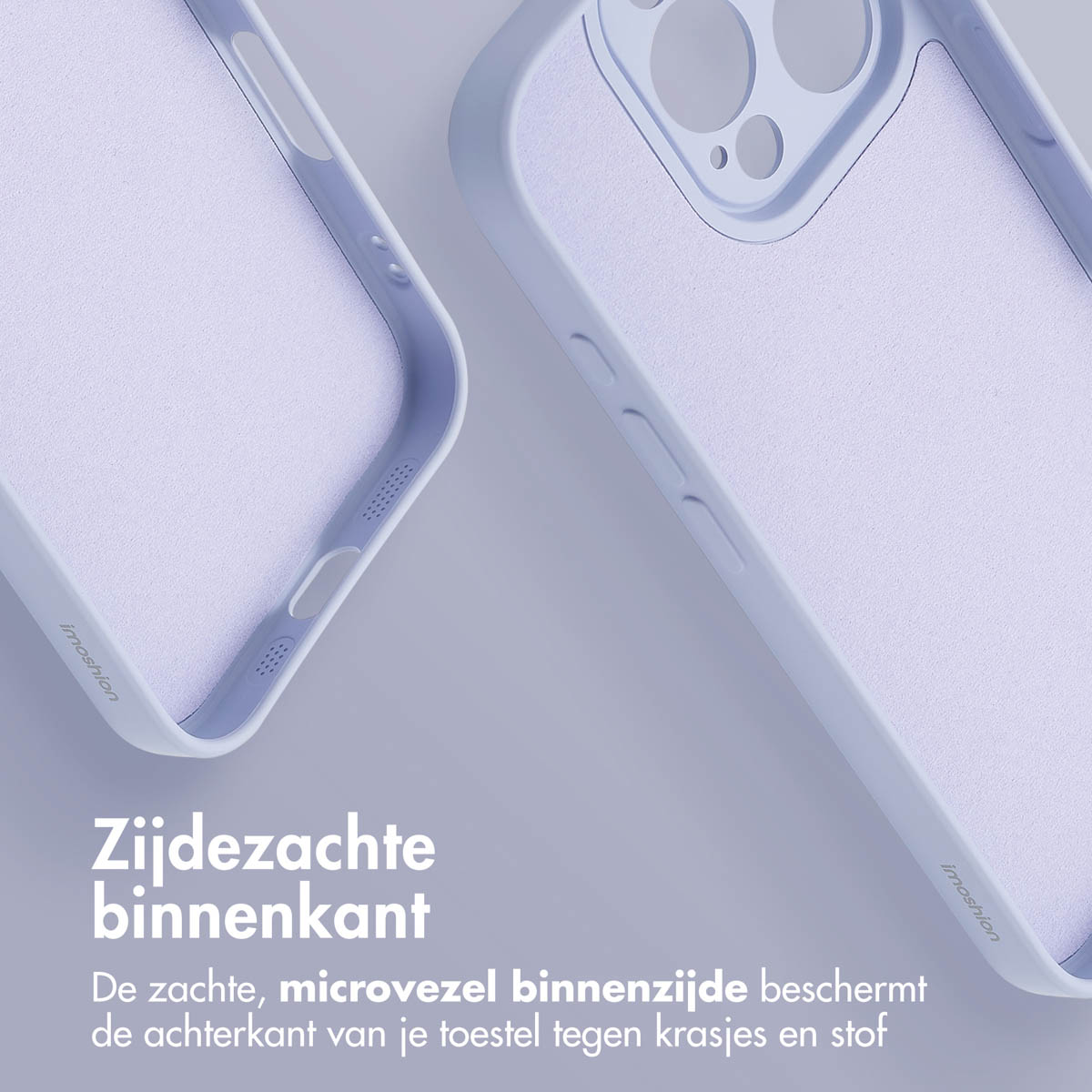 Twee lichtpaarse telefoonhoesjes. Eén is open, de ander dicht. Tekst: zijdezacht binnenin, beschermt tegen krassen.