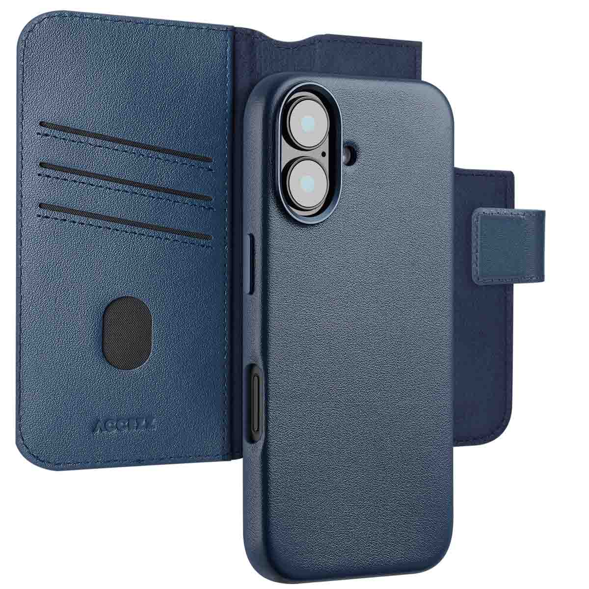 Un étui de téléphone bleu avec un téléphone à l'intérieur, montrant la caméra et un couvercle.