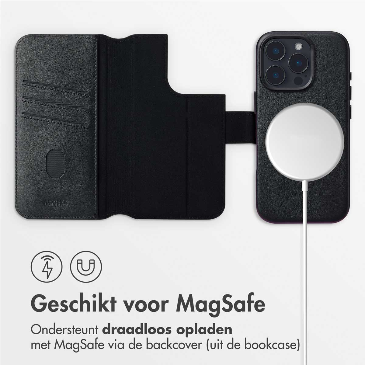 Zwarte telefoonhoes met MagSafe. De hoes is open en toont accessoires.