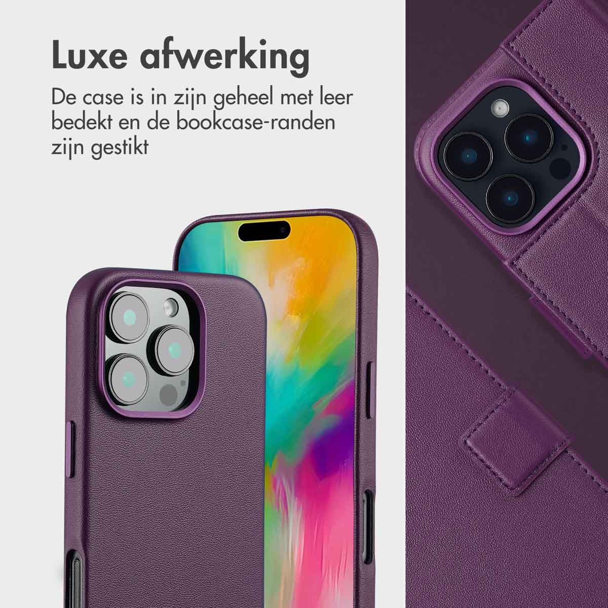 Étuis de téléphone violets, un ouvert. L'étui est recouvert de cuir et les bordures sont cousues.