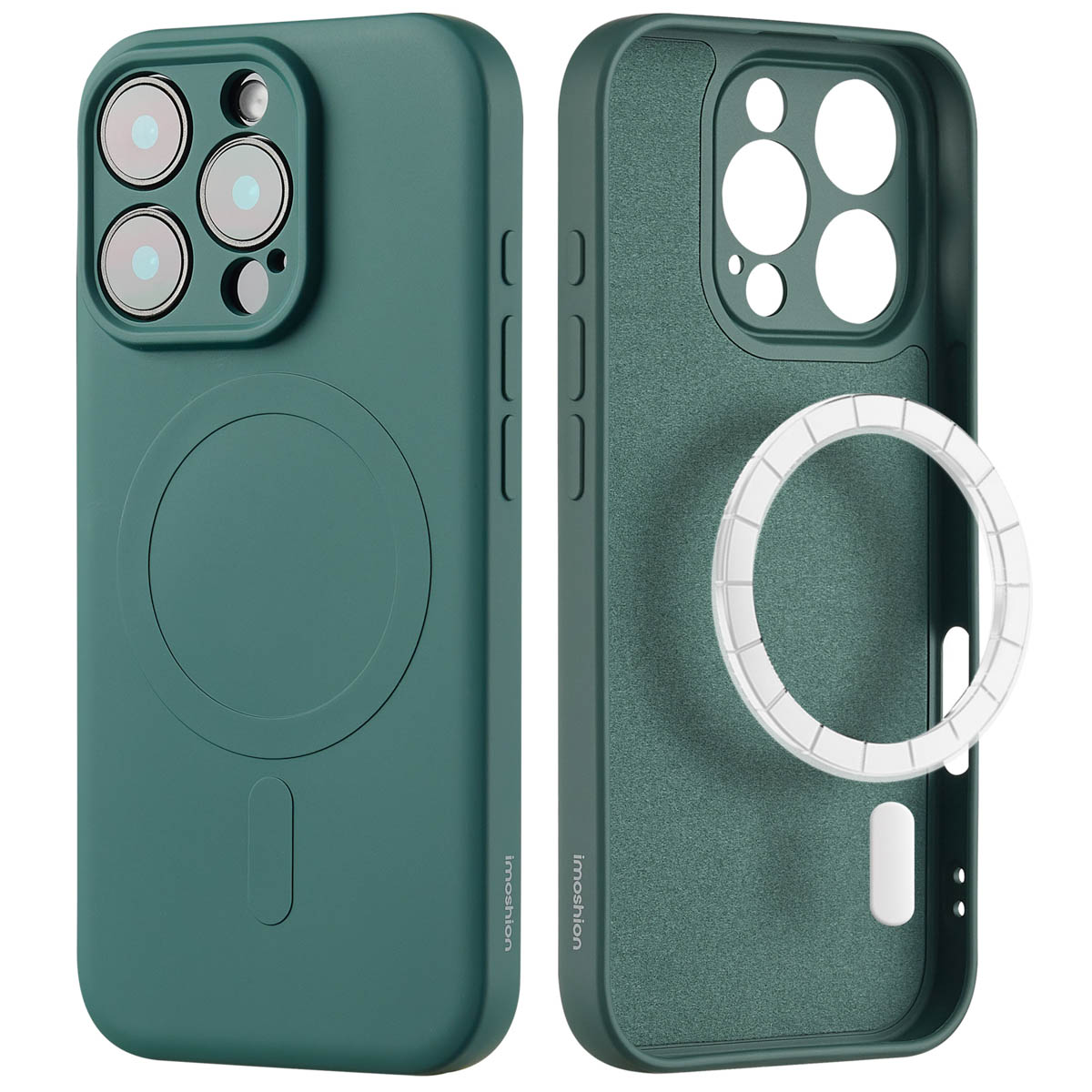 Groene telefoonhoes met een magnetische cirkel. Twee delen. Witte achtergrond.