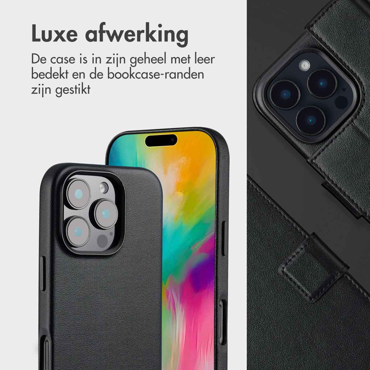 Close-up van zwarte telefoonhoesjes met een camerabult en leertextuur.