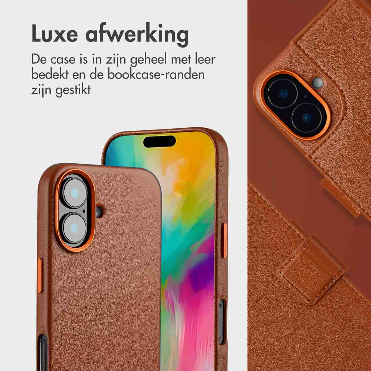 Étui de téléphone en cuir marron, coutures détaillées, accents orange, vue rapprochée.