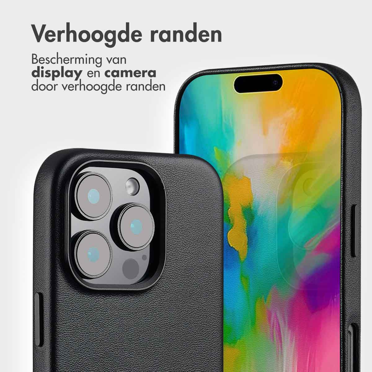 Close-up van telefoonhoesje met opstaande randen, beschermt scherm en camera.