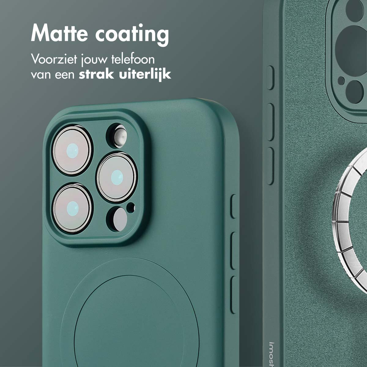 Close-up van een teal telefoonhoesje met matte coating. De hoes heeft camera-uitsparingen en een magnetische ringhouder.