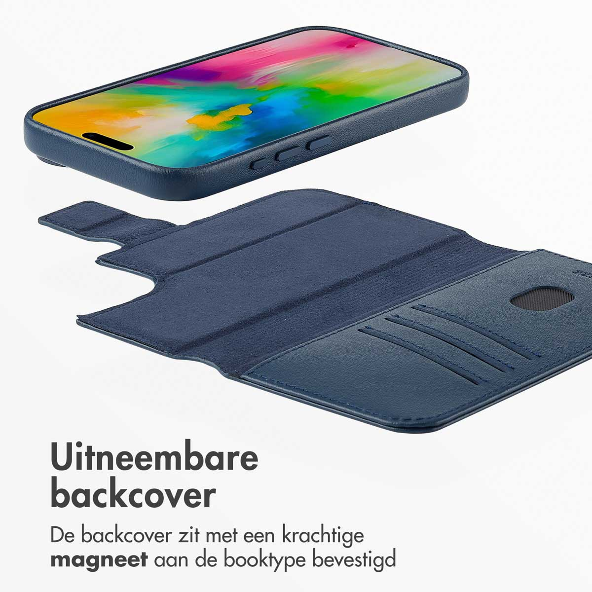 Un étui de téléphone bleu avec un téléphone à l'intérieur. L'étui est ouvert, révélant le téléphone.