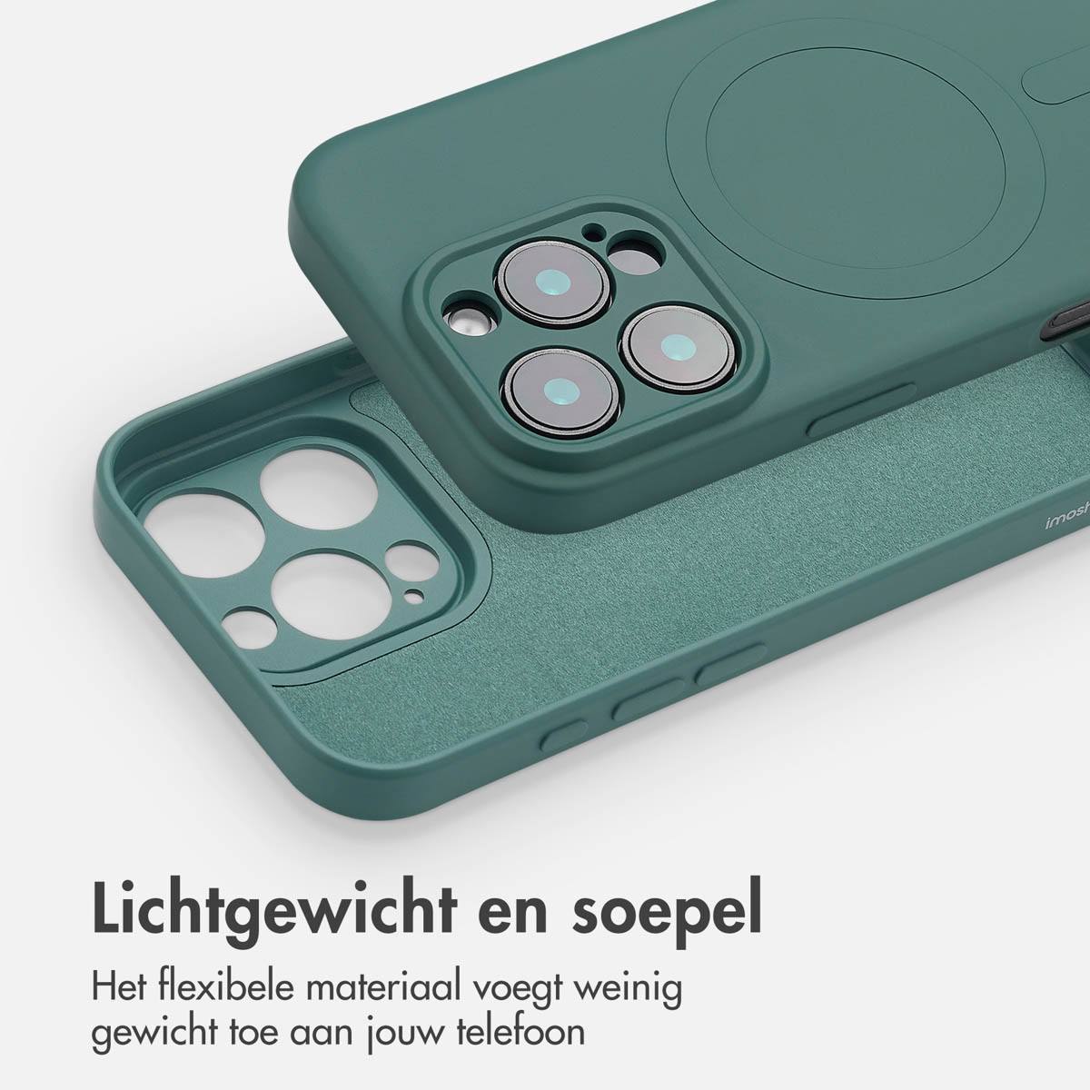 Twee groene telefoonhoesjes, één open, met een cirkel voor draadloos opladen. De tekst zegt 'lichtgewicht'.