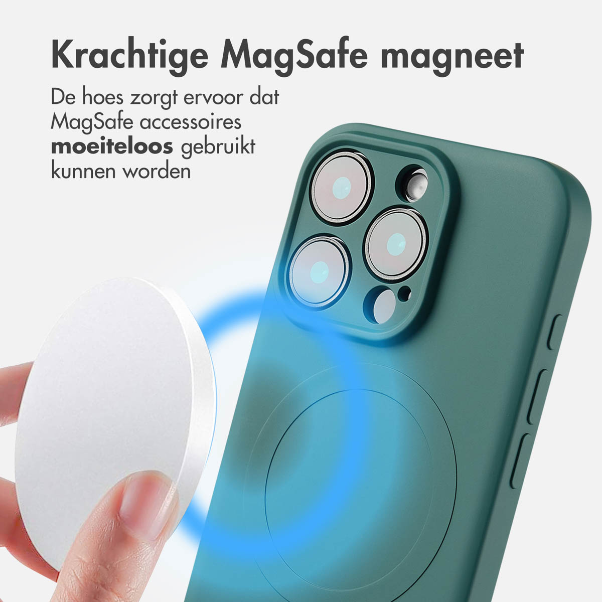 Groene telefoonhoes met een wit magnetisch oplaadpad ernaast. De hoes heeft een cirkelvormige omtrek.
