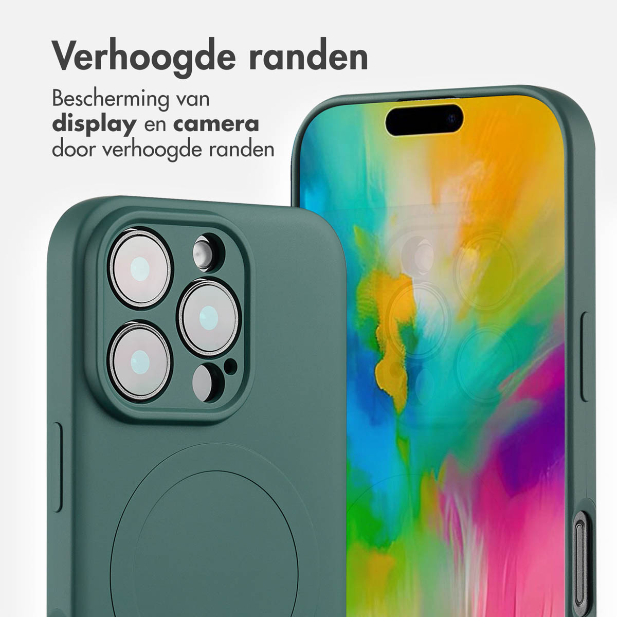 Een groene telefoonhoes op een wit oppervlak. De hoes zit om een telefoon, met tekst over bescherming.