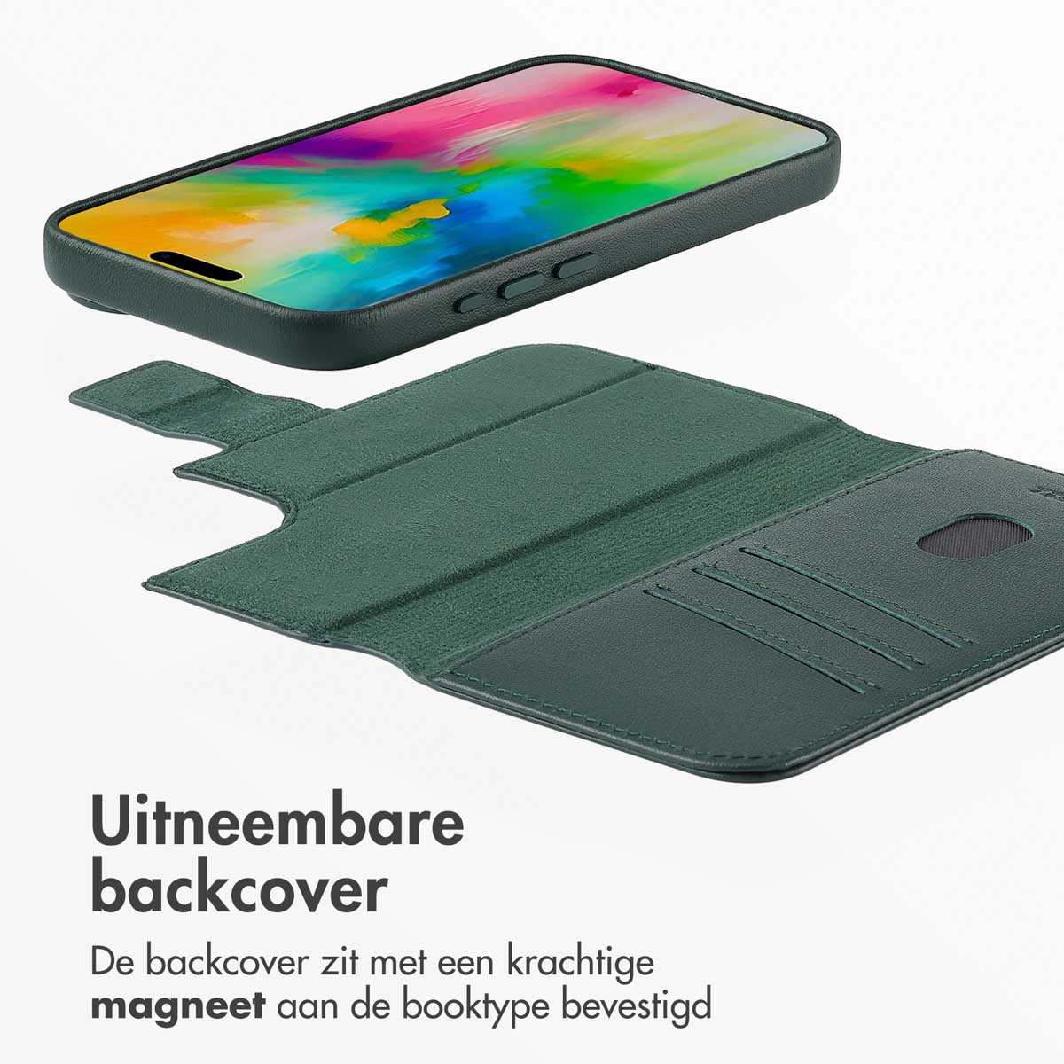 Coque de téléphone verte avec écran visible. L'étui a une fente pour carte. Le texte décrit les fonctionnalités.