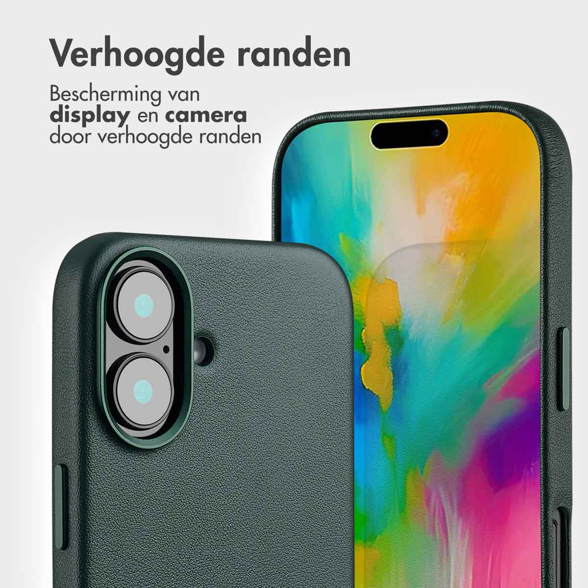 Coque de téléphone protégeant un téléphone. Coque vert foncé, caméra et écran visibles.