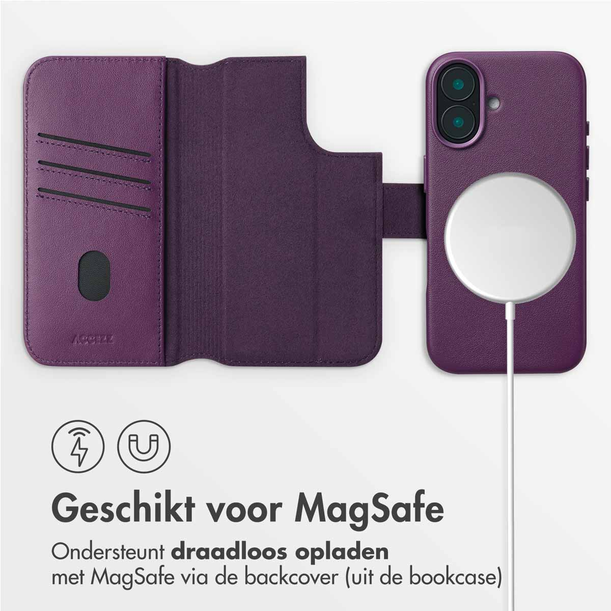 ACCEZZ Leather Bookcase 2-in-1 met MagSafe geschikt voor Apple iPhone 16 Telefoonhoesje voor Apple iPhone 16 Paars